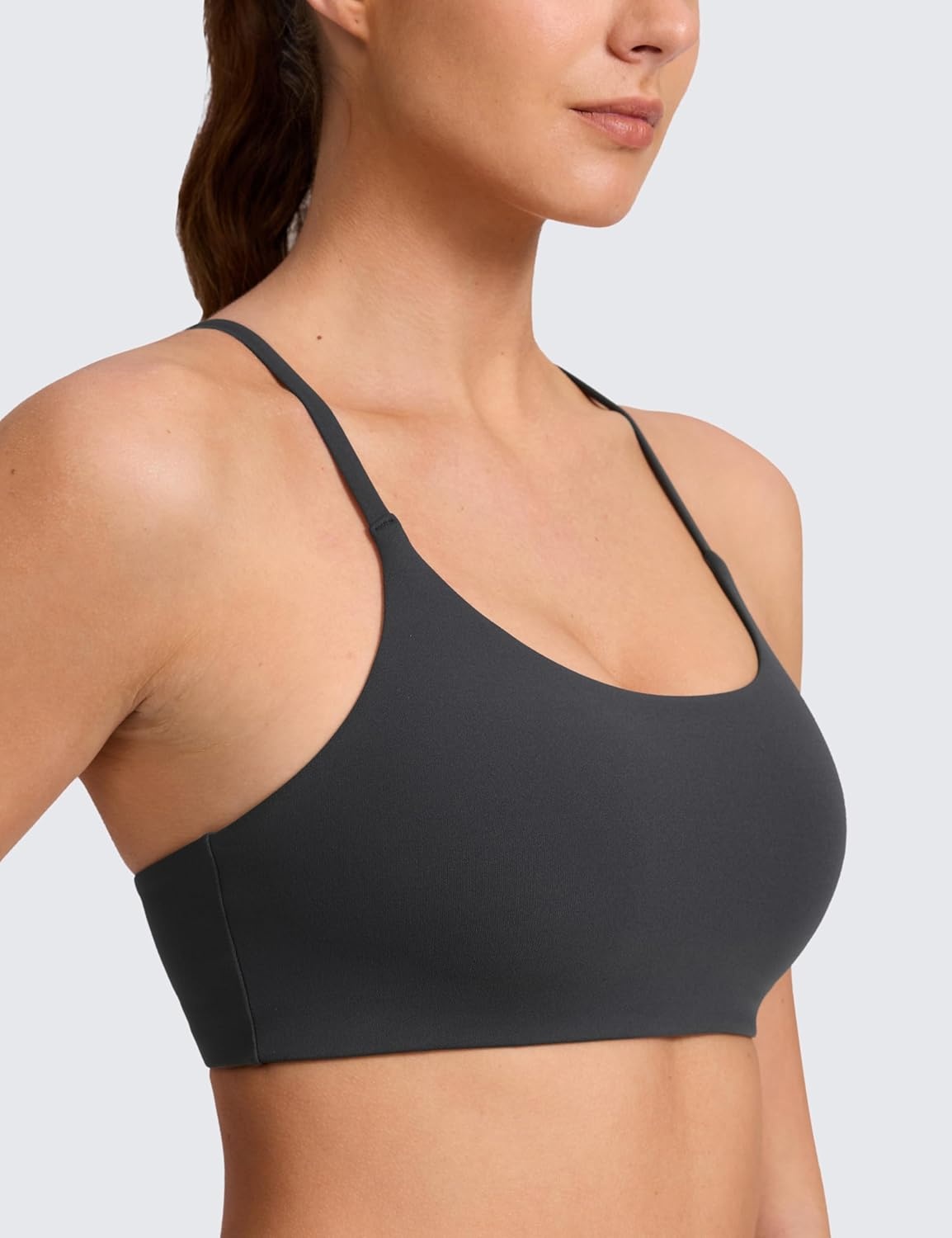image:imageCRZ YOGA Butterlift Double Lined V Back Sports Bras for Women Scoop Neck Spaghetti Strap Wireless Yoga Top Non PaddedMysterious Grey