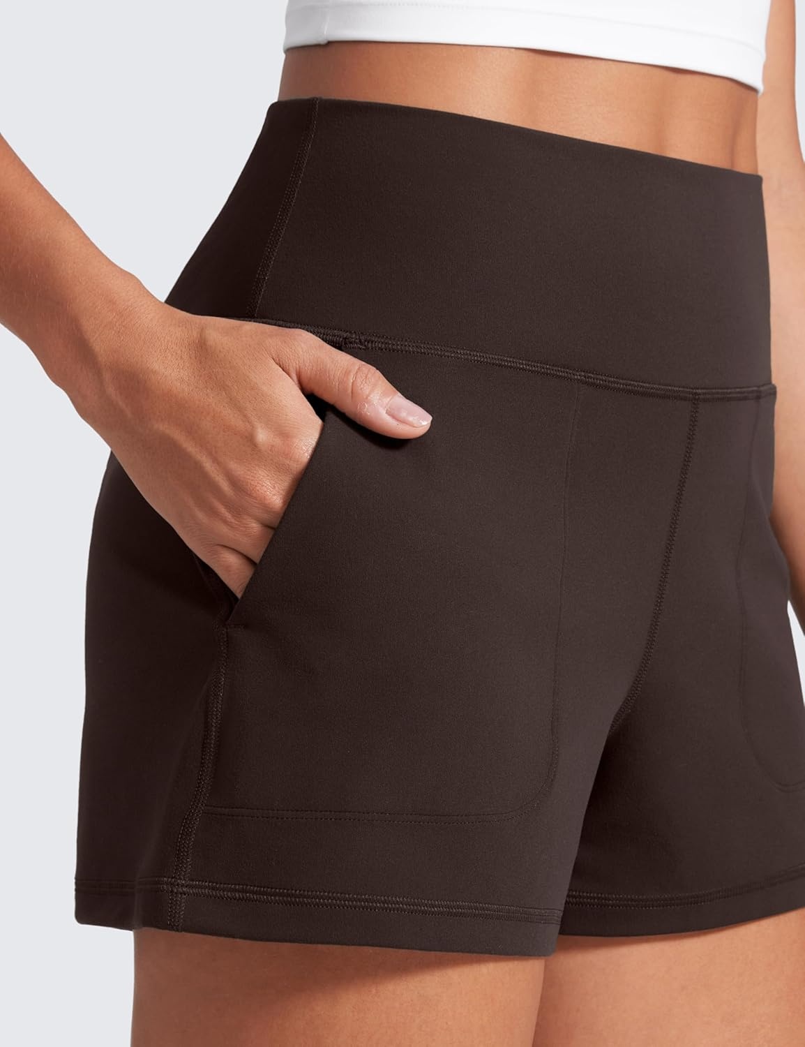 image:imageCRZ YOGA Butterlift Linerless Shorts for Women 3 High Waisted Comfy Yoga Casual Lounge Workout with PocketsHot Fudge Brown