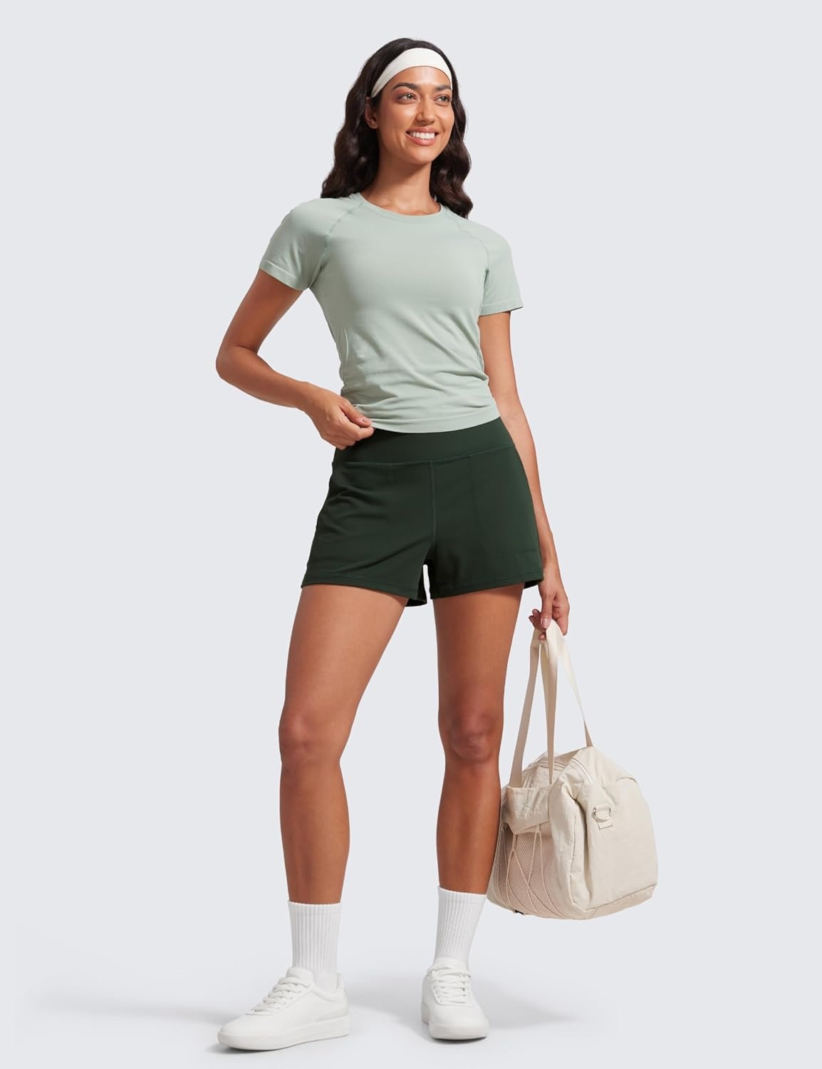 image:imageCRZ YOGA Butterlift Linerless Shorts for Women 3 High Waisted Comfy Yoga Casual Lounge Workout with PocketsLegend Green