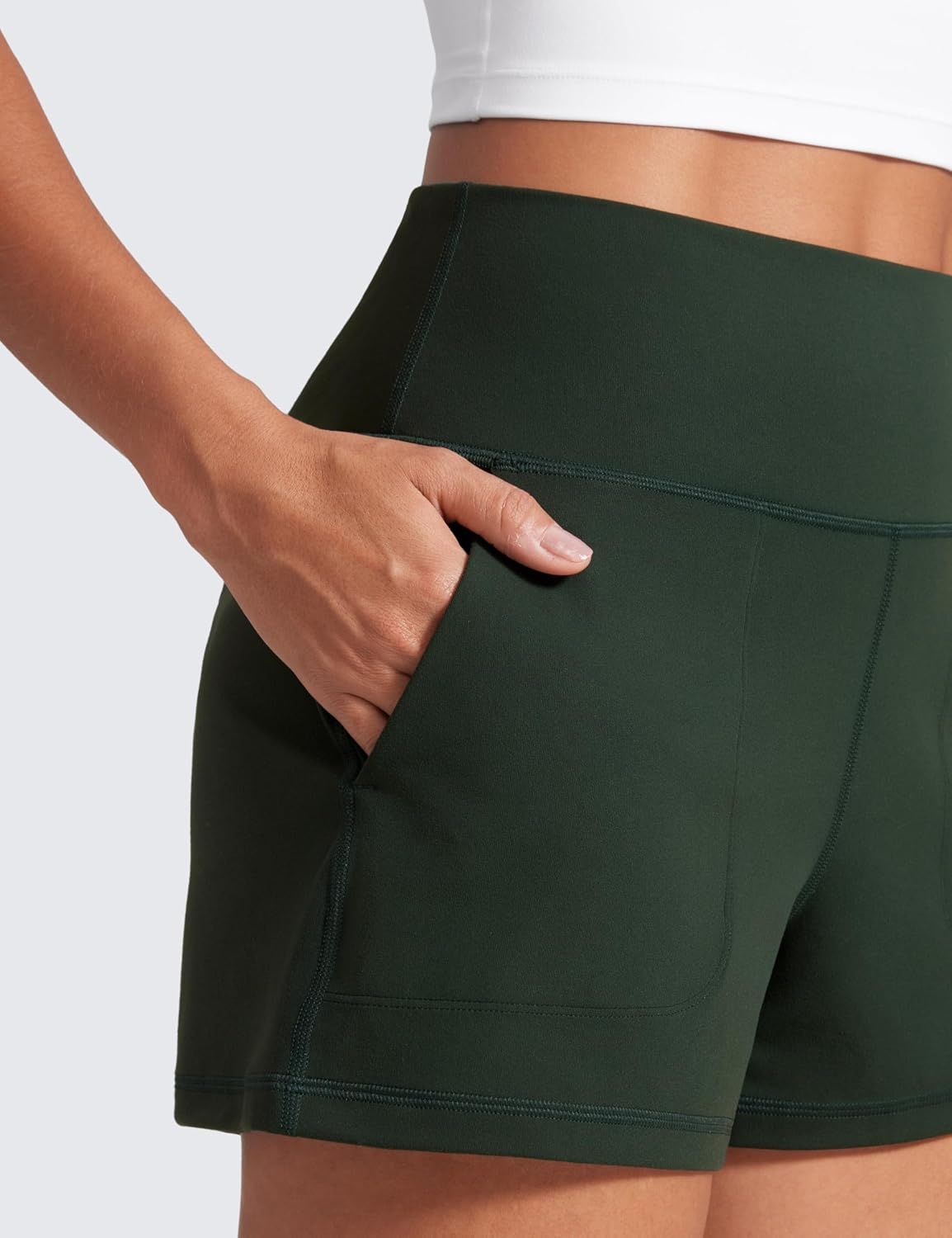 image:imageCRZ YOGA Butterlift Linerless Shorts for Women 3 High Waisted Comfy Yoga Casual Lounge Workout with PocketsLegend Green