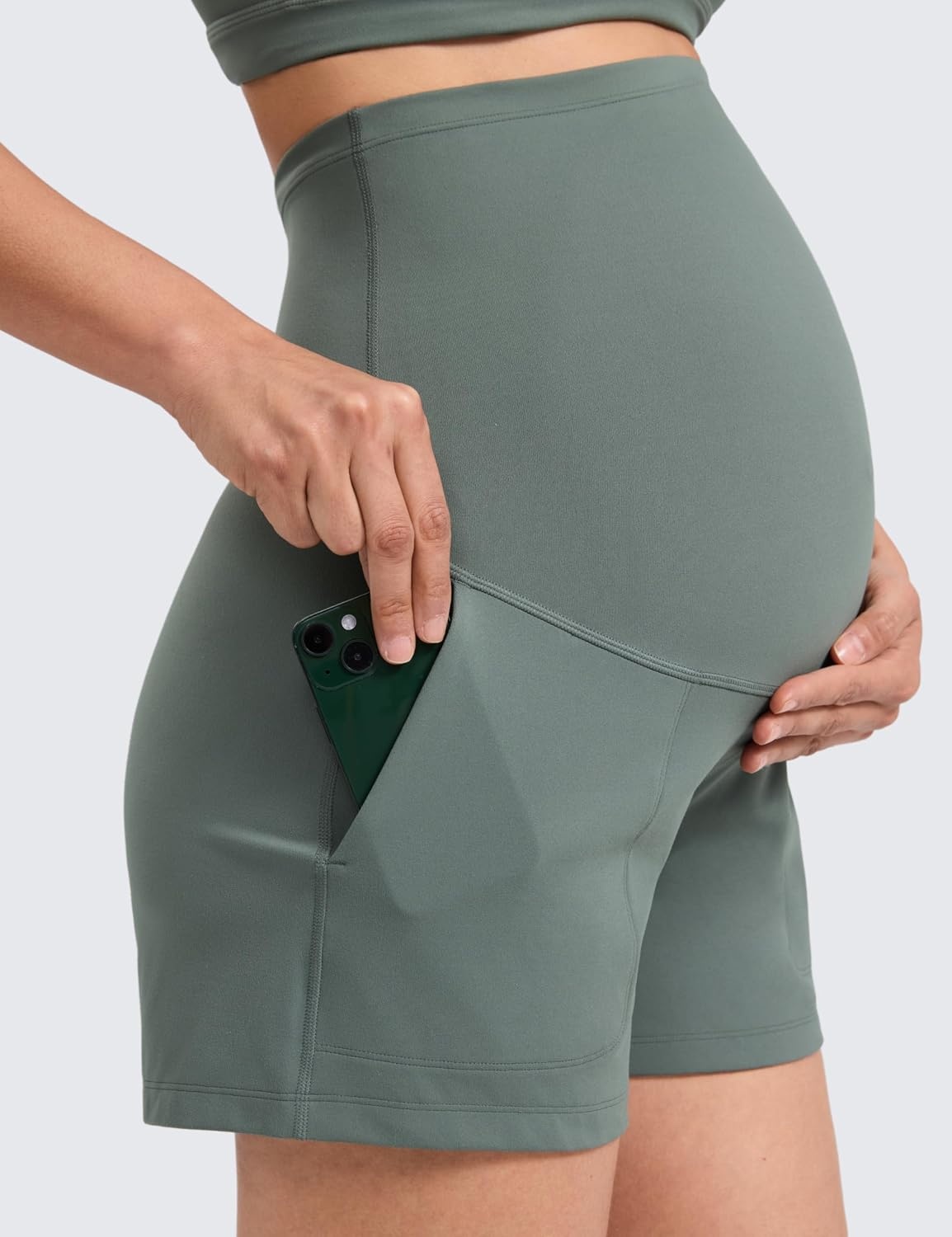 image:imageCRZ YOGA Butterlift Maternity Linerless Shorts 4 Pockets Comfy Yoga Casual Workout Womens Pregnancy Over The BellyGrey Sage