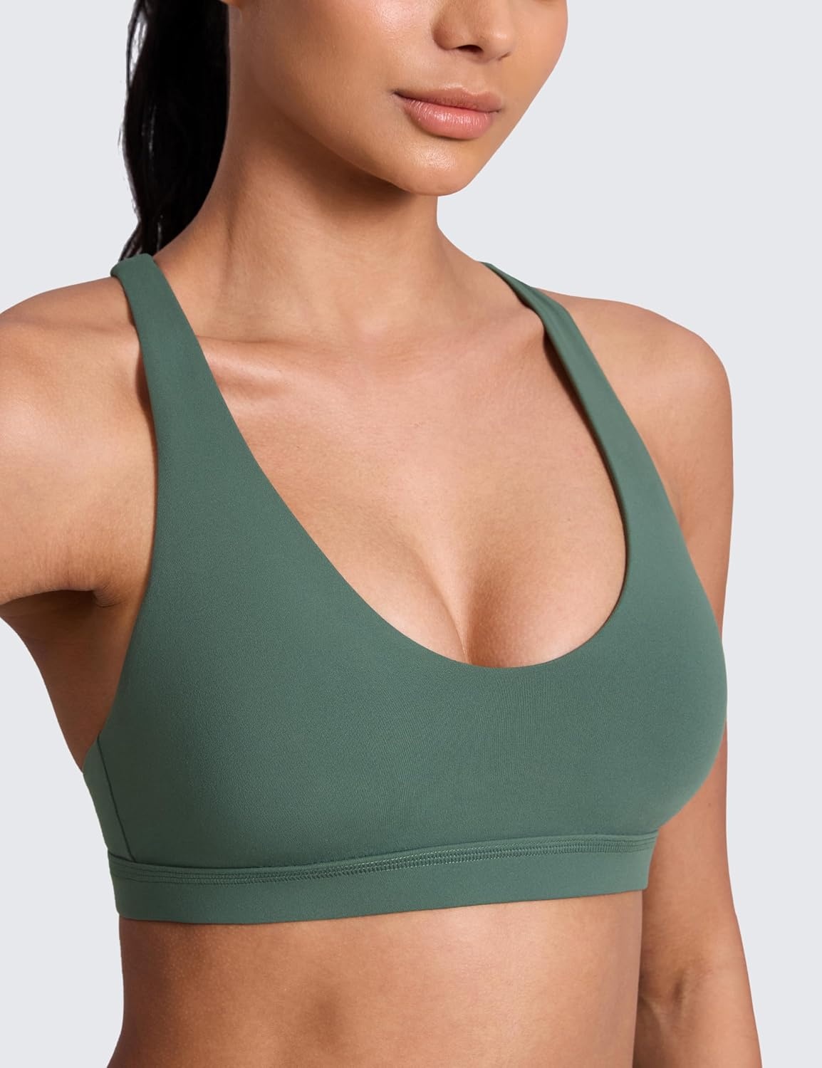 image:imageCRZ YOGA Butterlift Strappy Sports Bras for Women Padded Low Cut Scoop Neck Cross Back Pilates Yoga TopDark Forest Green
