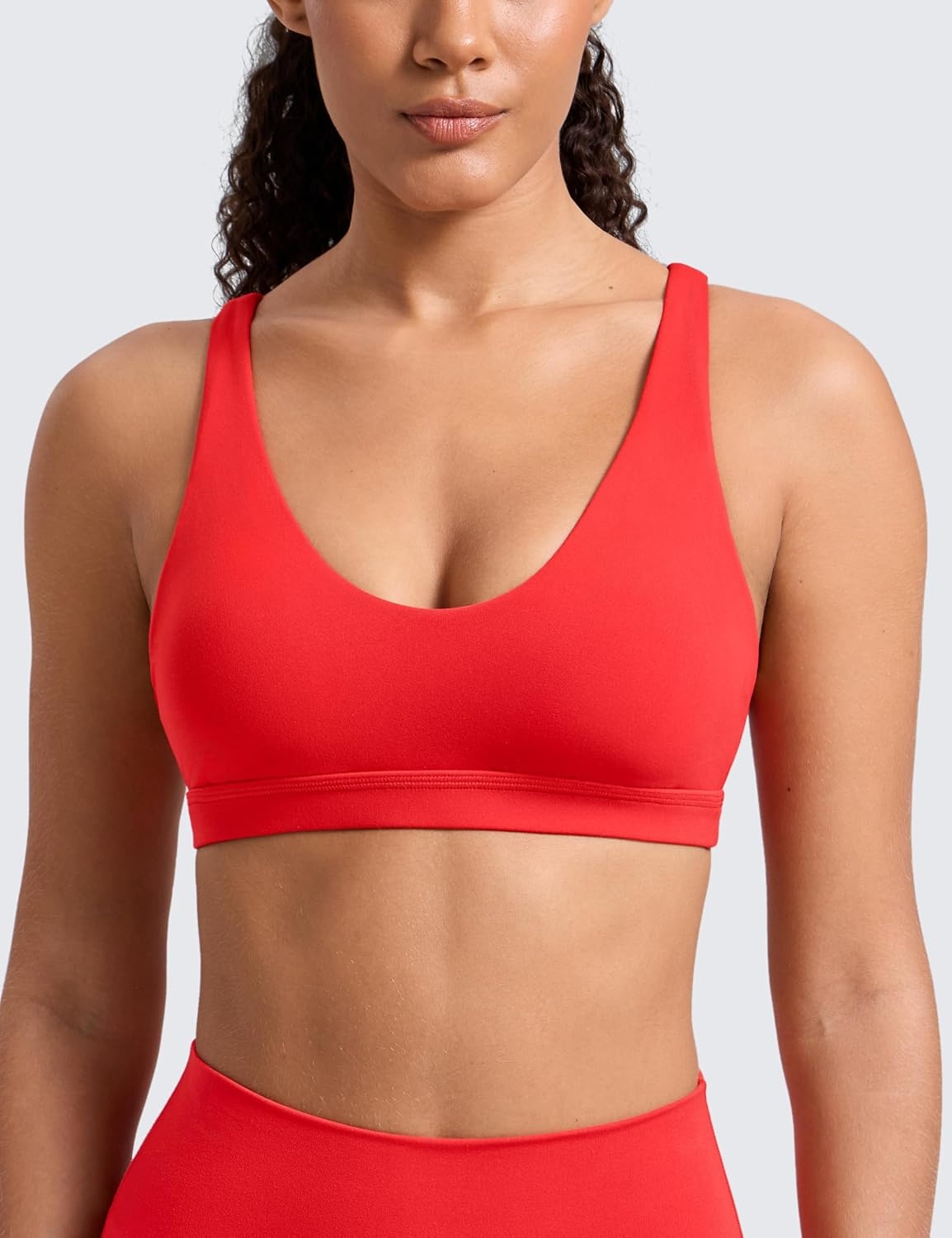 image:imageCRZ YOGA Butterlift Strappy Sports Bras for Women Padded Low Cut Scoop Neck Cross Back Pilates Yoga TopDeep Red