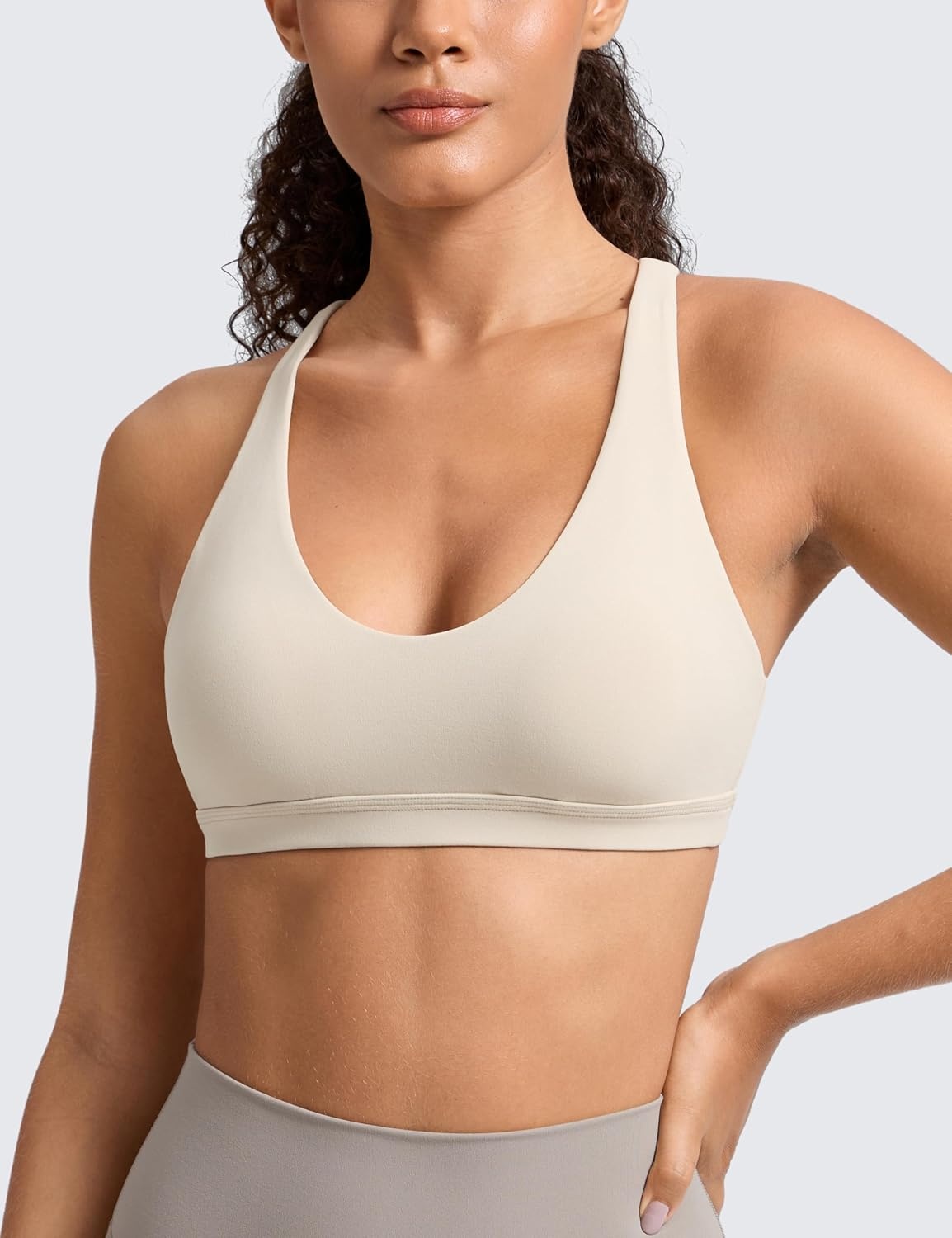 image:imageCRZ YOGA Butterlift Strappy Sports Bras for Women Padded Low Cut Scoop Neck Cross Back Pilates Yoga TopMojave Tan
