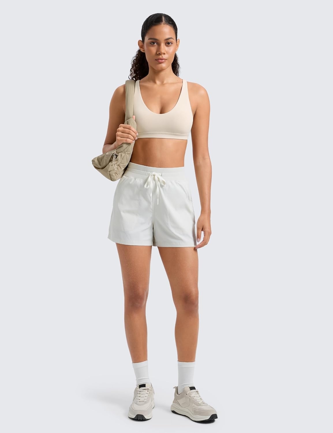 image:imageCRZ YOGA Butterlift Strappy Sports Bras for Women Padded Low Cut Scoop Neck Cross Back Pilates Yoga TopMojave Tan