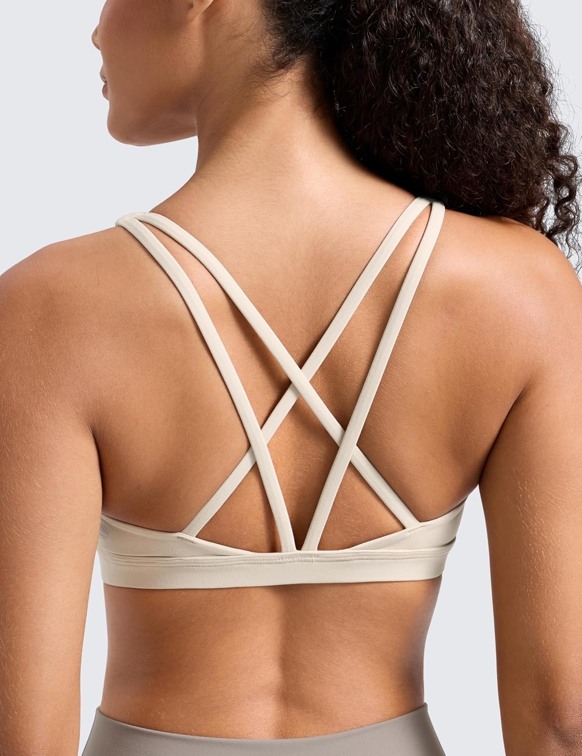 image:imageCRZ YOGA Butterlift Strappy Sports Bras for Women Padded Low Cut Scoop Neck Cross Back Pilates Yoga TopMojave Tan