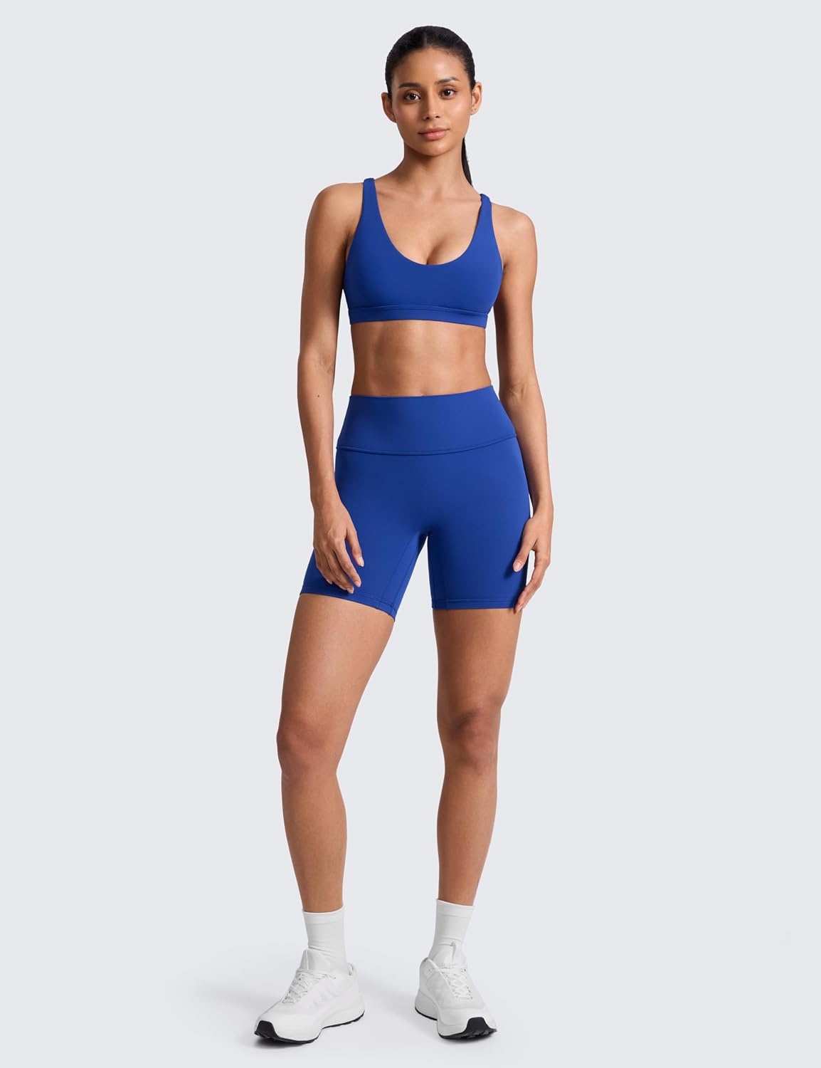 image:imageCRZ YOGA Butterlift Strappy Sports Bras for Women Padded Low Cut Scoop Neck Cross Back Pilates Yoga TopWaves Blue