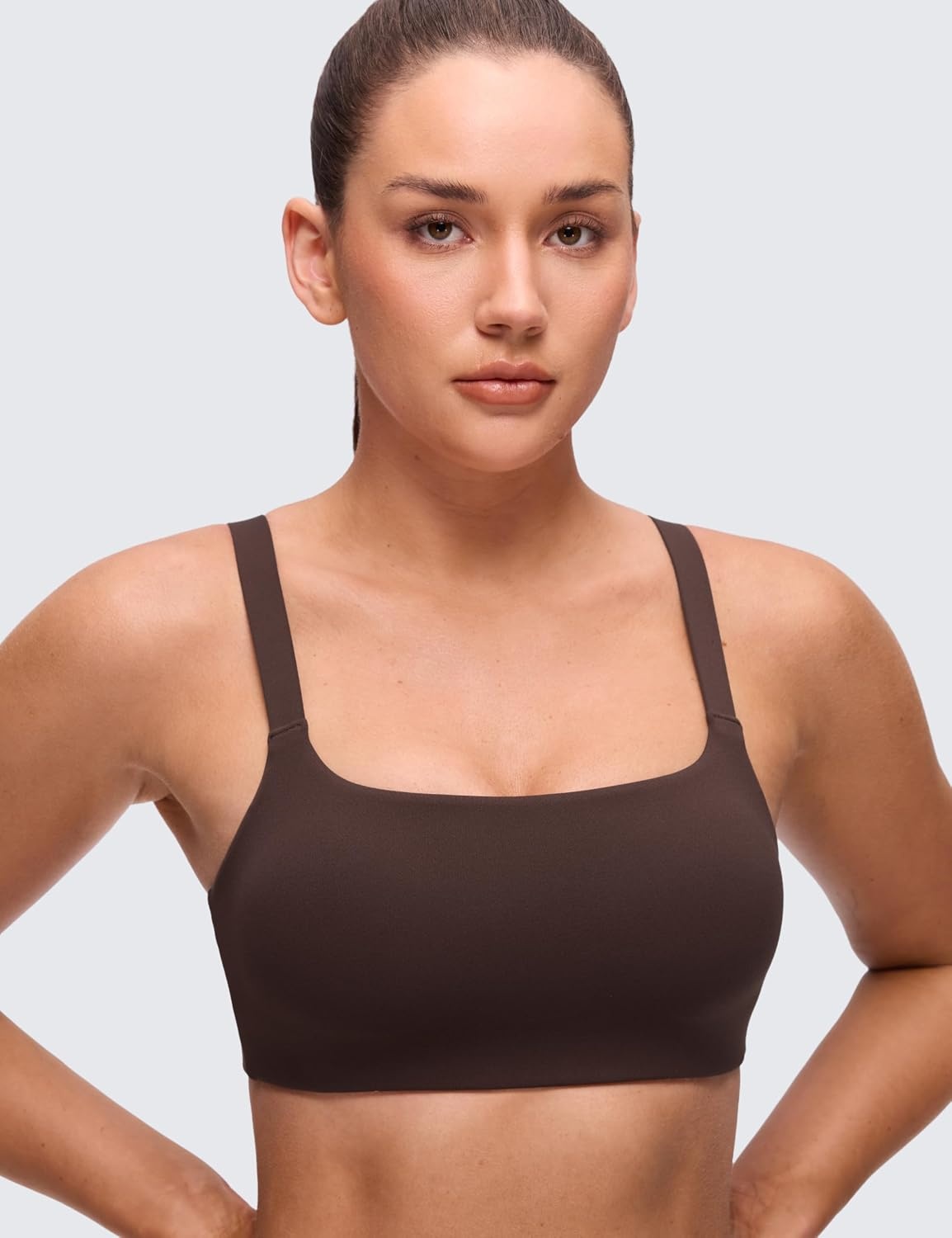 image:imageCRZ YOGA Butterluxe Adjustable Wide Strap Sports Bras for Women Square Back Padded Scoop Neck Yoga TopHot Fudge Brown