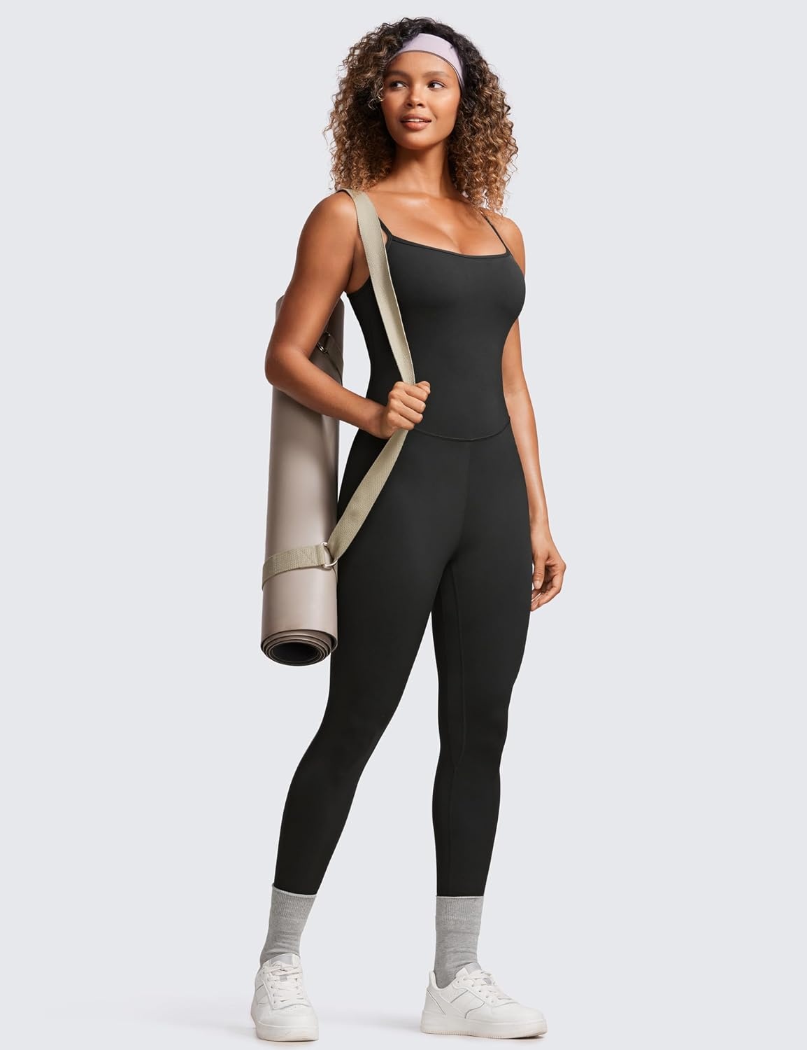 image:imageCRZ YOGA Butterluxe Cami Strap Jumpsuits for Women Adjustable Yoga Workout One Piece Tank Leggings Romper with Builtin BraBlack
