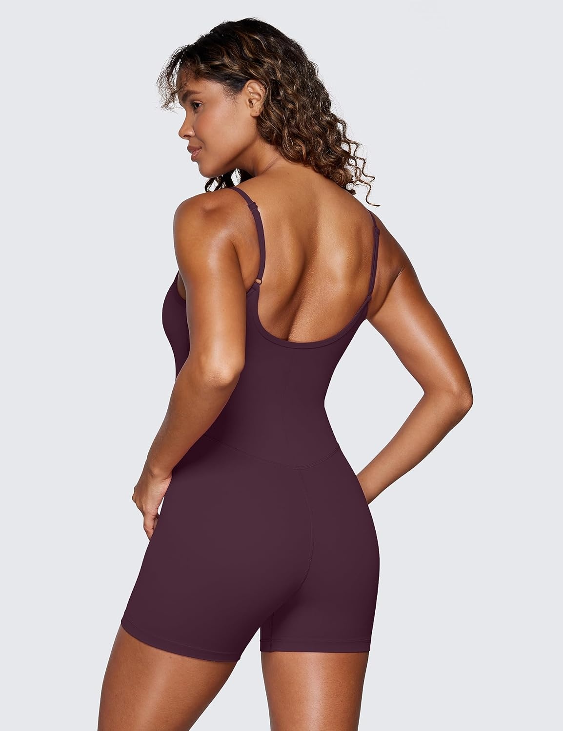 image:imageCRZ YOGA Butterluxe Cami Strap Rompers for Women Adjustable Sleeveless One Piece Yoga Jumpsuits Bodysuit Shorts PaddedDeep Purple