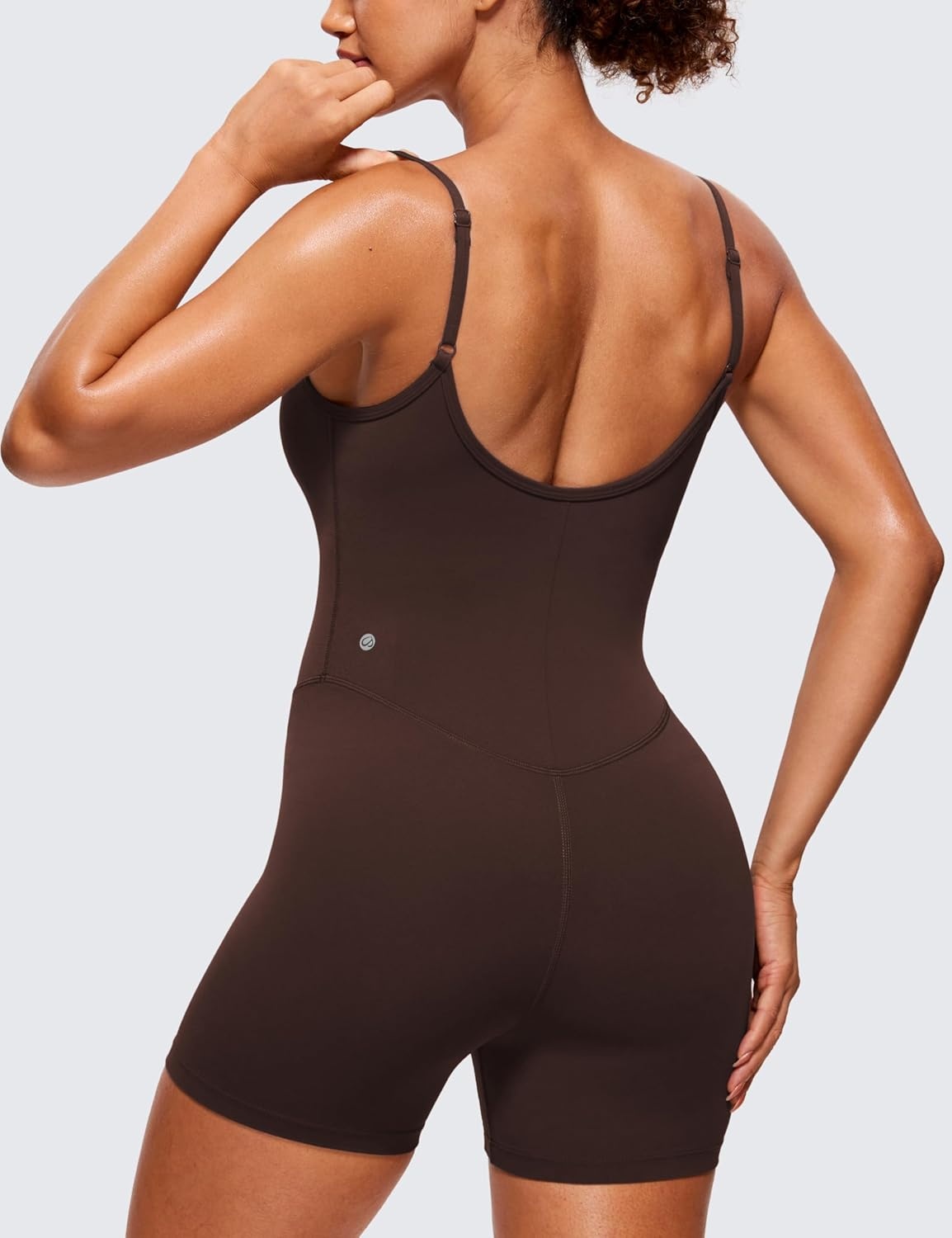 image:imageCRZ YOGA Butterluxe Cami Strap Rompers for Women Adjustable Sleeveless One Piece Yoga Jumpsuits Bodysuit Shorts PaddedHot Fudge Brown