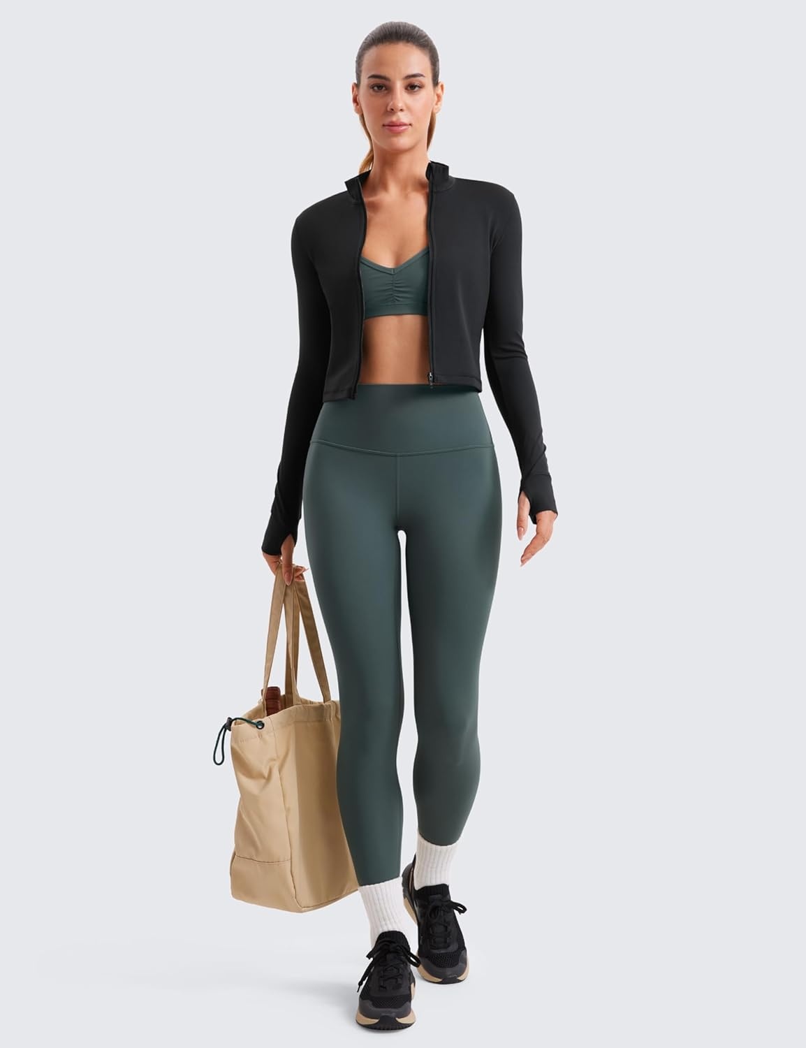 image:imageCRZ YOGA Butterluxe Cropped Athletic Jackets for Women Full Zip Up Track Tops with Thumb Holes PocketsBlack
