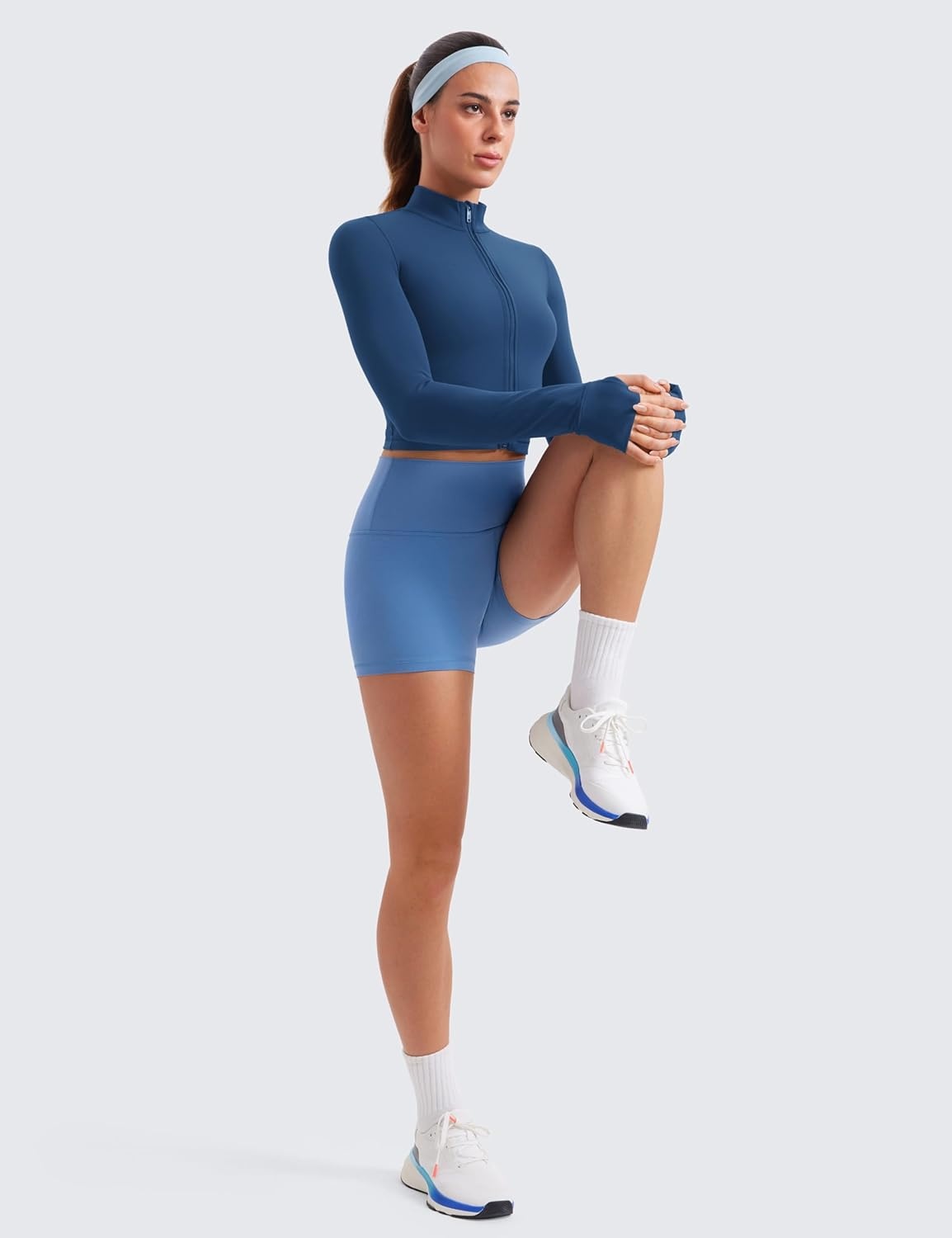 image:imageCRZ YOGA Butterluxe Cropped Athletic Jackets for Women Full Zip Up Track Tops with Thumb Holes PocketsFrench Navy