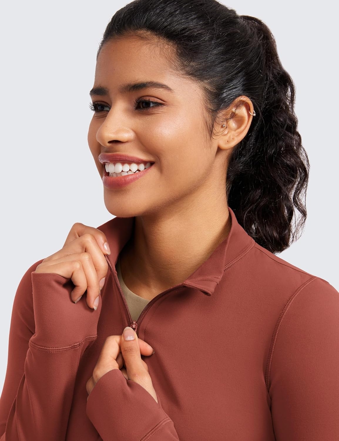 image:imageCRZ YOGA Butterluxe Cropped Athletic Jackets for Women Full Zip Up Track Tops with Thumb Holes PocketsJujube Brown