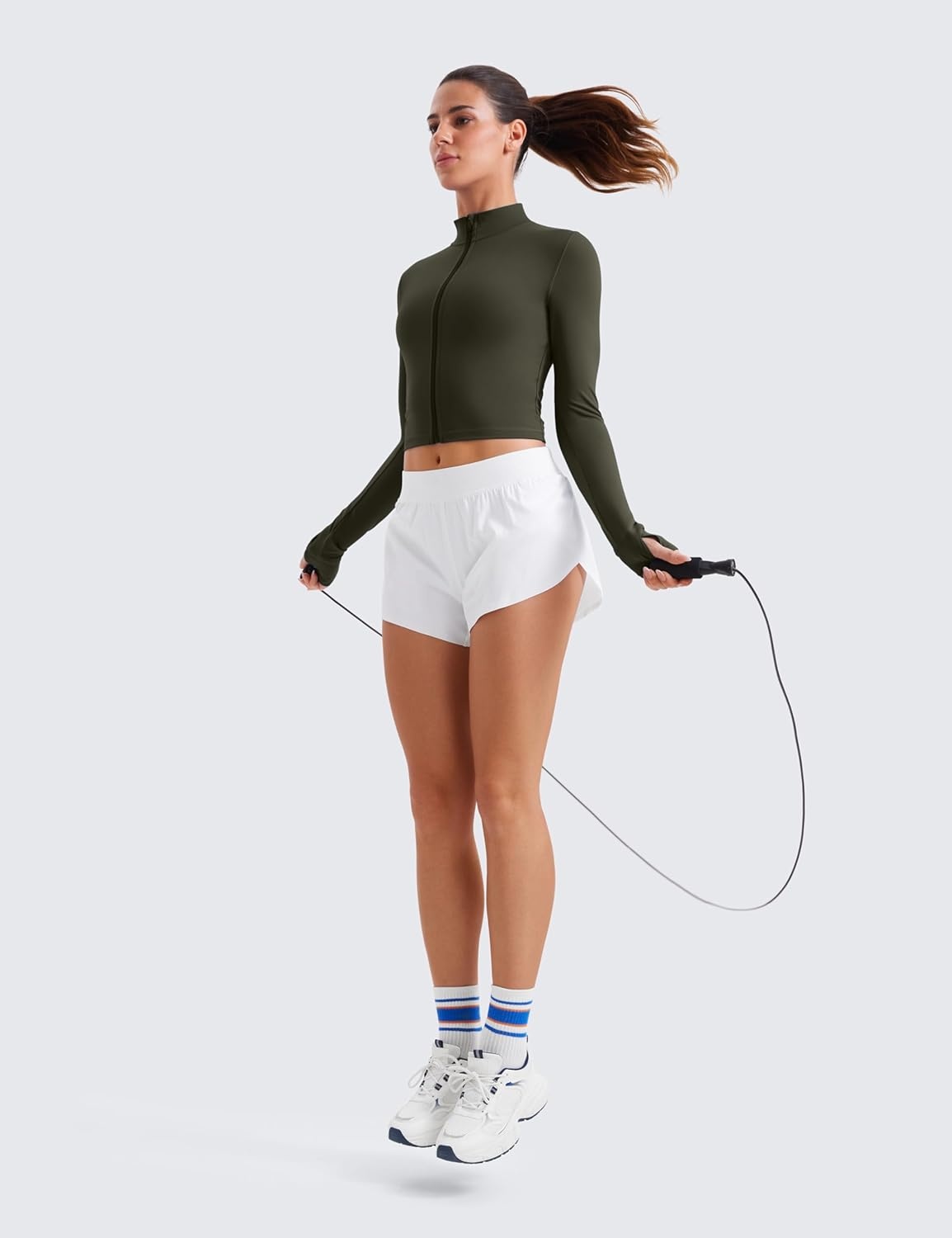 image:imageCRZ YOGA Butterluxe Cropped Athletic Jackets for Women Full Zip Up Track Tops with Thumb Holes PocketsOlive Green