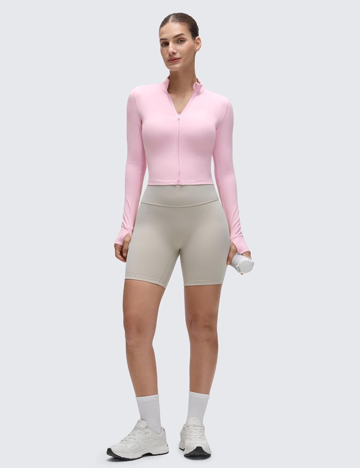 image:imageCRZ YOGA Butterluxe Cropped Athletic Jackets for Women Full Zip Up Track Tops with Thumb Holes PocketsPink Peony