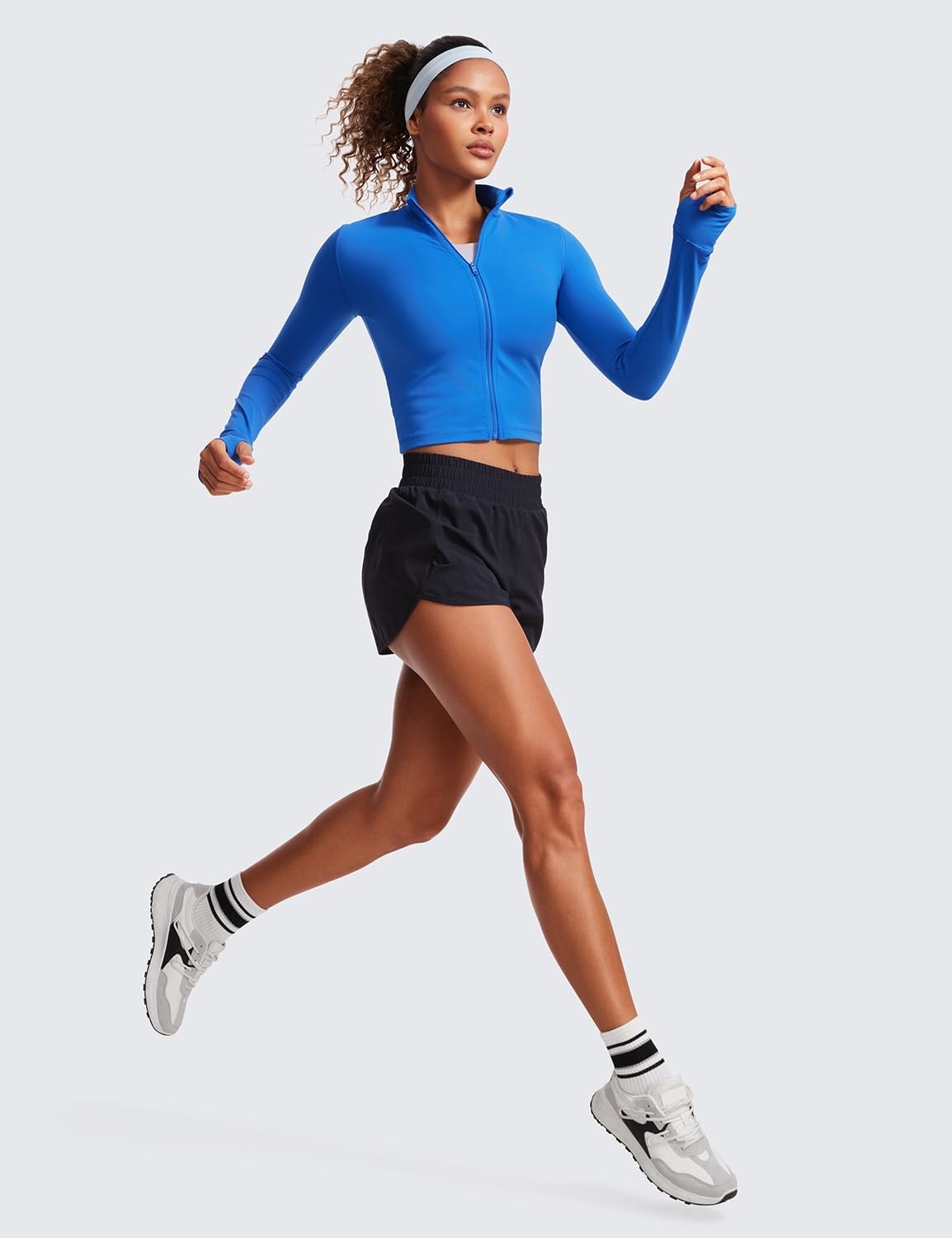 image:imageCRZ YOGA Butterluxe Cropped Athletic Jackets for Women Full Zip Up Track Tops with Thumb Holes PocketsSparkle Blue