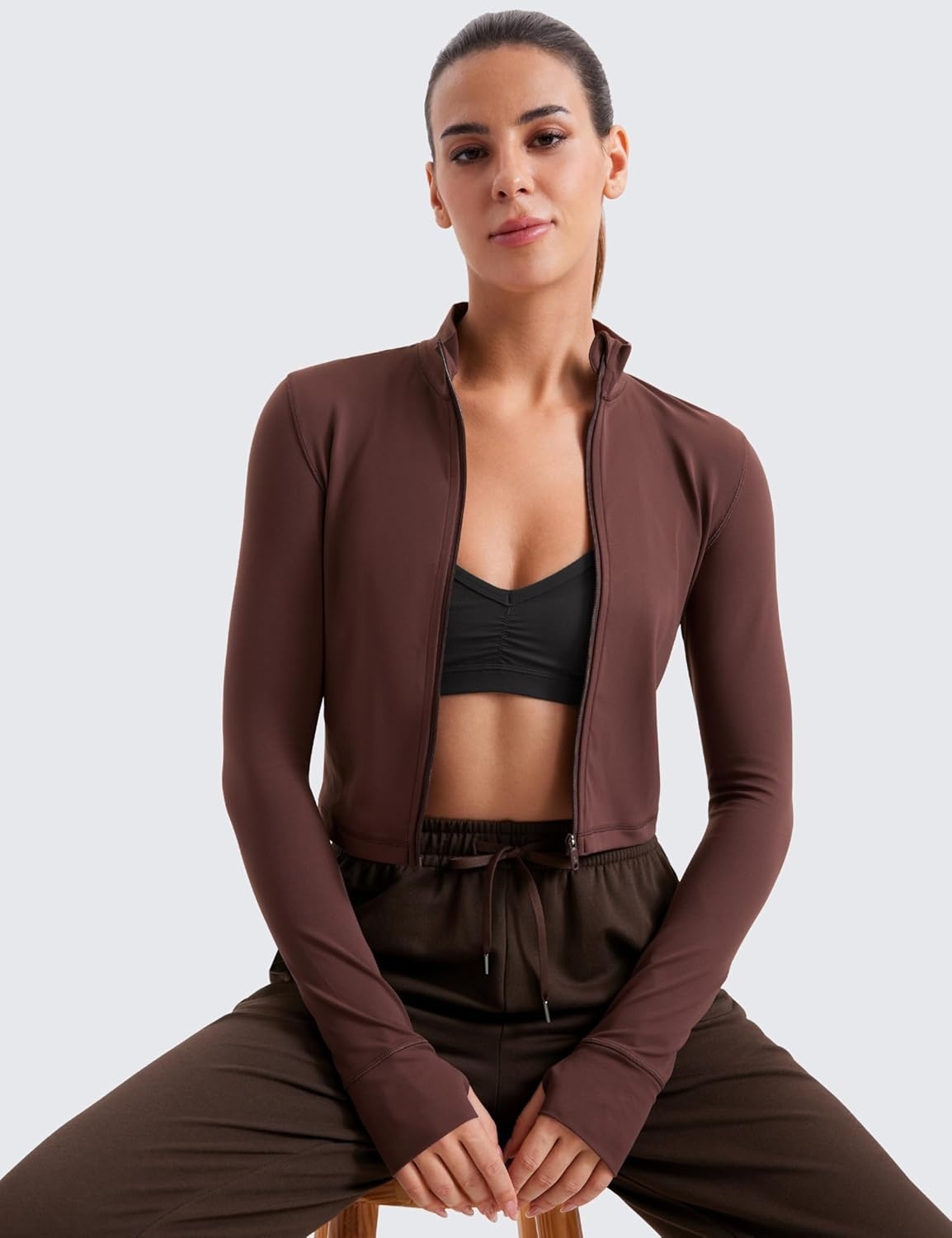 image:imageCRZ YOGA Butterluxe Cropped Athletic Jackets for Women Full Zip Up Track Tops with Thumb Holes PocketsTaupe