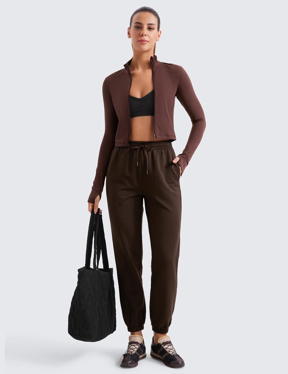 image:imageCRZ YOGA Butterluxe Cropped Athletic Jackets for Women Full Zip Up Track Tops with Thumb Holes PocketsTaupe