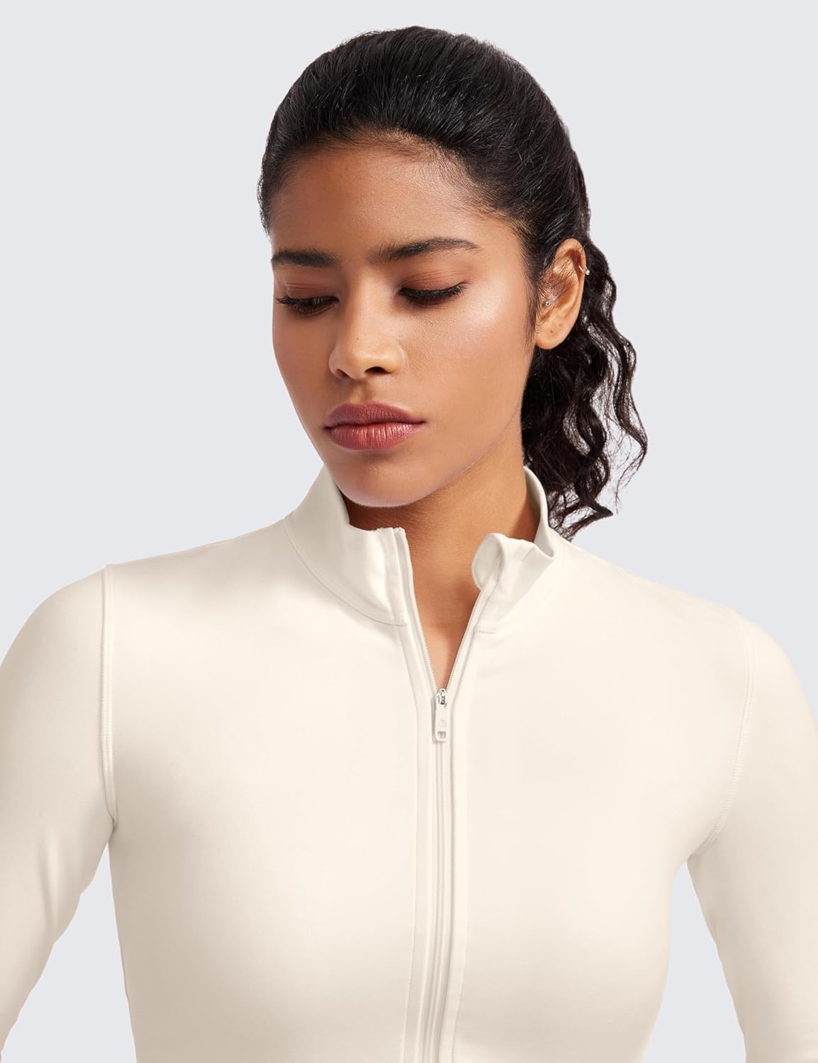 image:imageCRZ YOGA Butterluxe Cropped Athletic Jackets for Women Full Zip Up Track Tops with Thumb Holes PocketsWhite Apricot