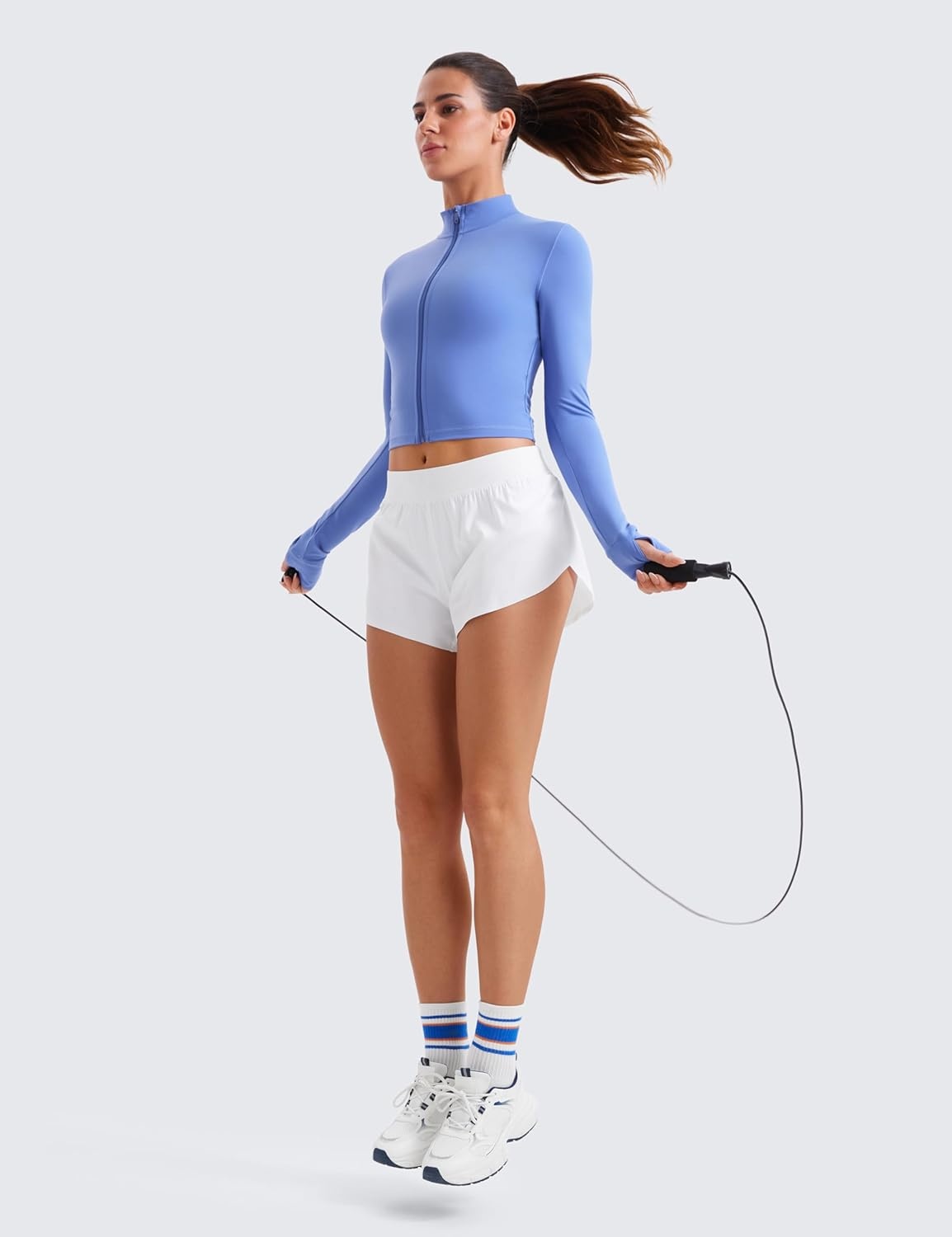 image:imageCRZ YOGA Butterluxe Cropped Athletic Jackets for Women Full Zip Up Track Tops with Thumb Holes PocketsWild Indigo