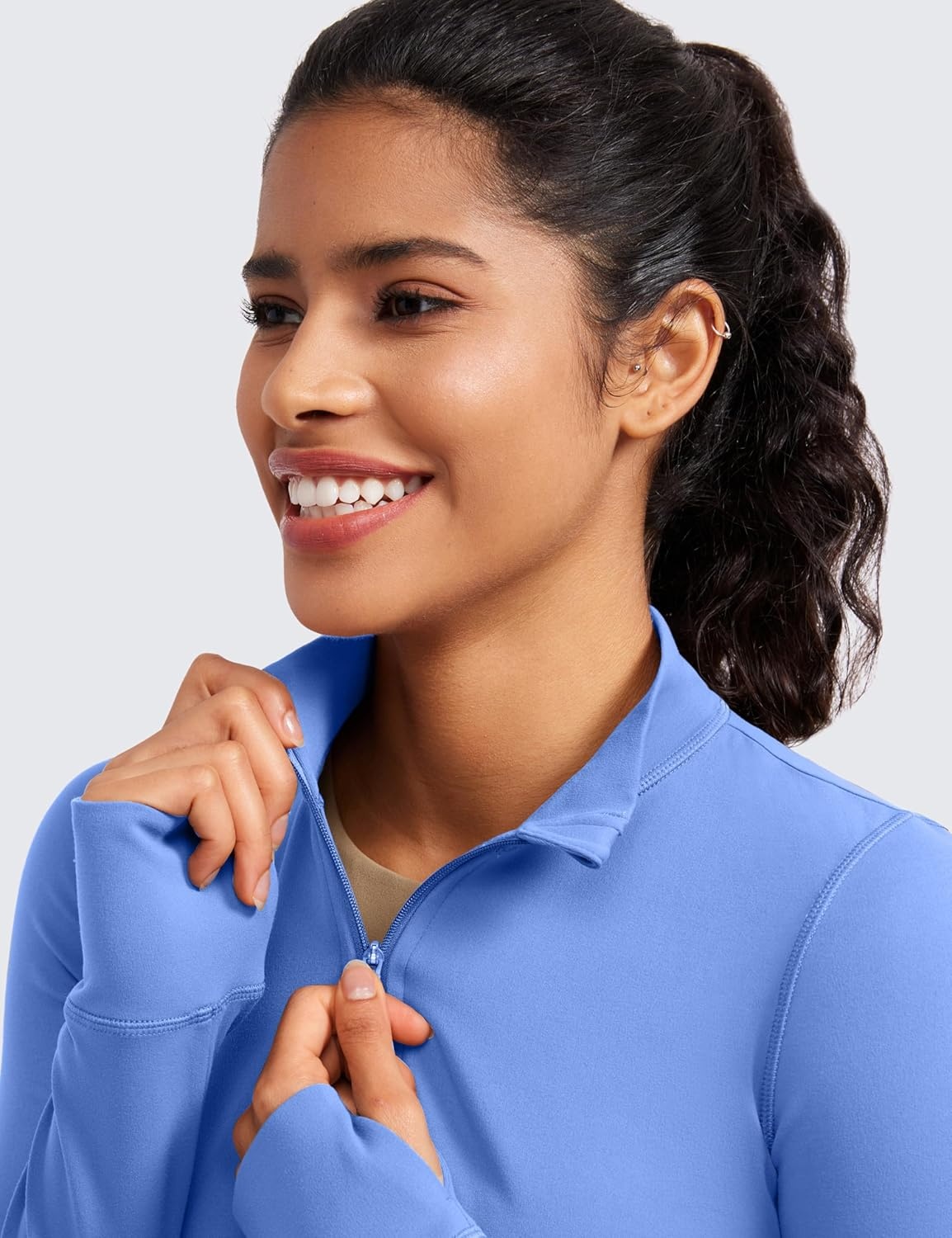 image:imageCRZ YOGA Butterluxe Cropped Athletic Jackets for Women Full Zip Up Track Tops with Thumb Holes PocketsWild Indigo