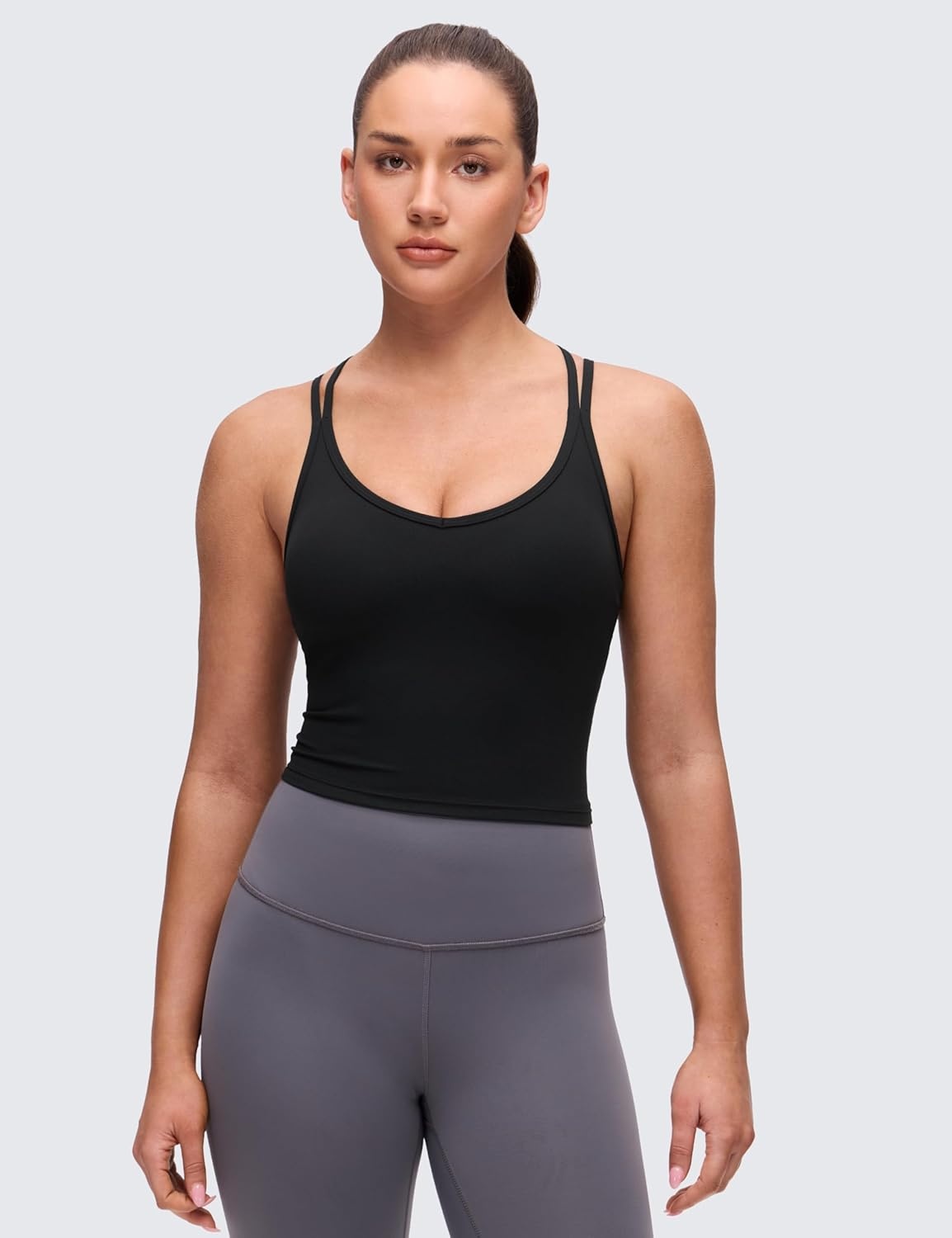 image:imageCRZ YOGA Butterluxe Cross Back Crop Tank Tops for Women V Neck Padded Spaghetti Straps Yoga Strappy Longline Sports BrasBlack