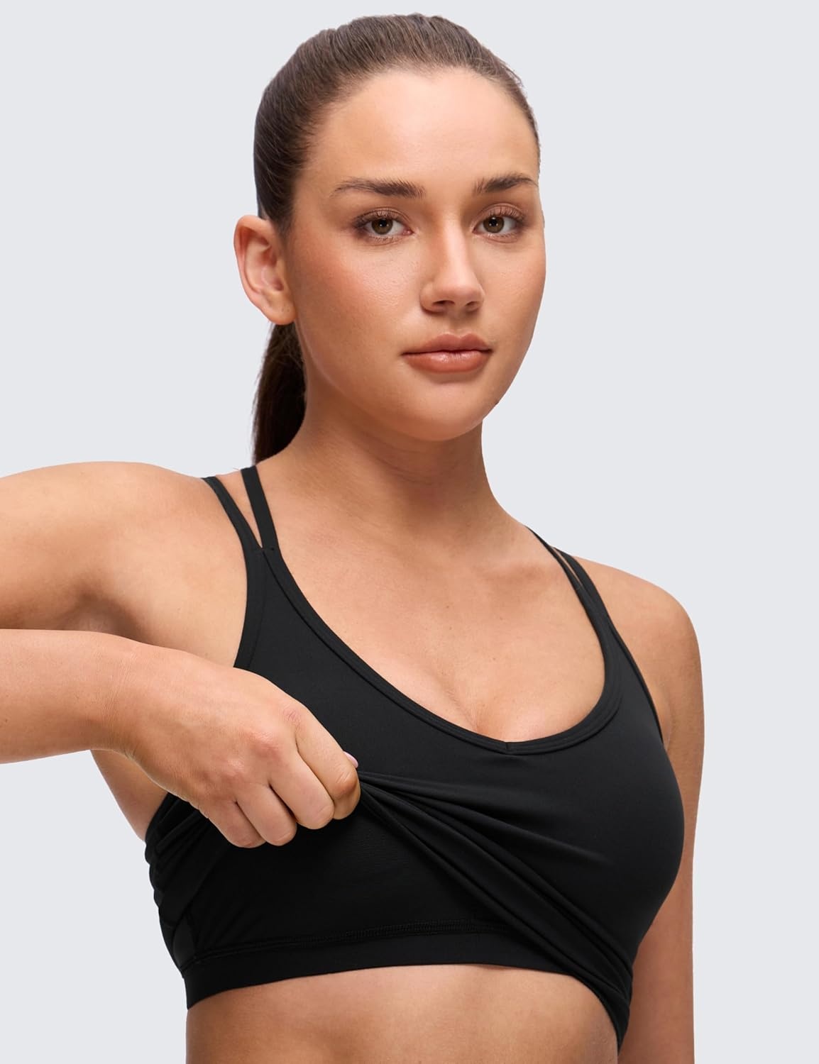 image:imageCRZ YOGA Butterluxe Cross Back Crop Tank Tops for Women V Neck Padded Spaghetti Straps Yoga Strappy Longline Sports BrasBlack