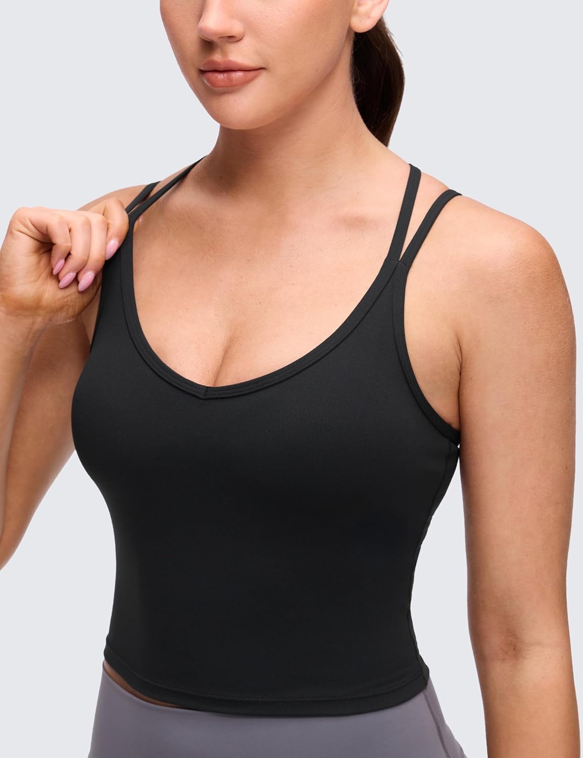 image:imageCRZ YOGA Butterluxe Cross Back Crop Tank Tops for Women V Neck Padded Spaghetti Straps Yoga Strappy Longline Sports BrasBlack