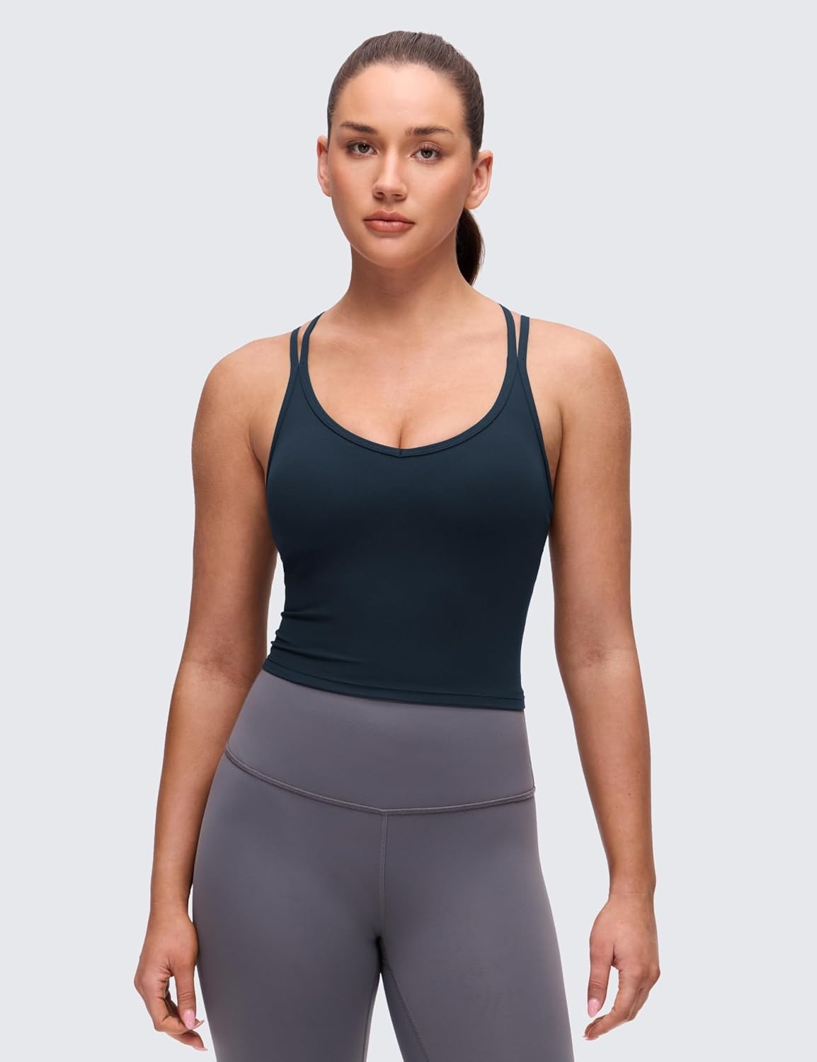 image:imageCRZ YOGA Butterluxe Cross Back Crop Tank Tops for Women V Neck Padded Spaghetti Straps Yoga Strappy Longline Sports BrasTrue Navy