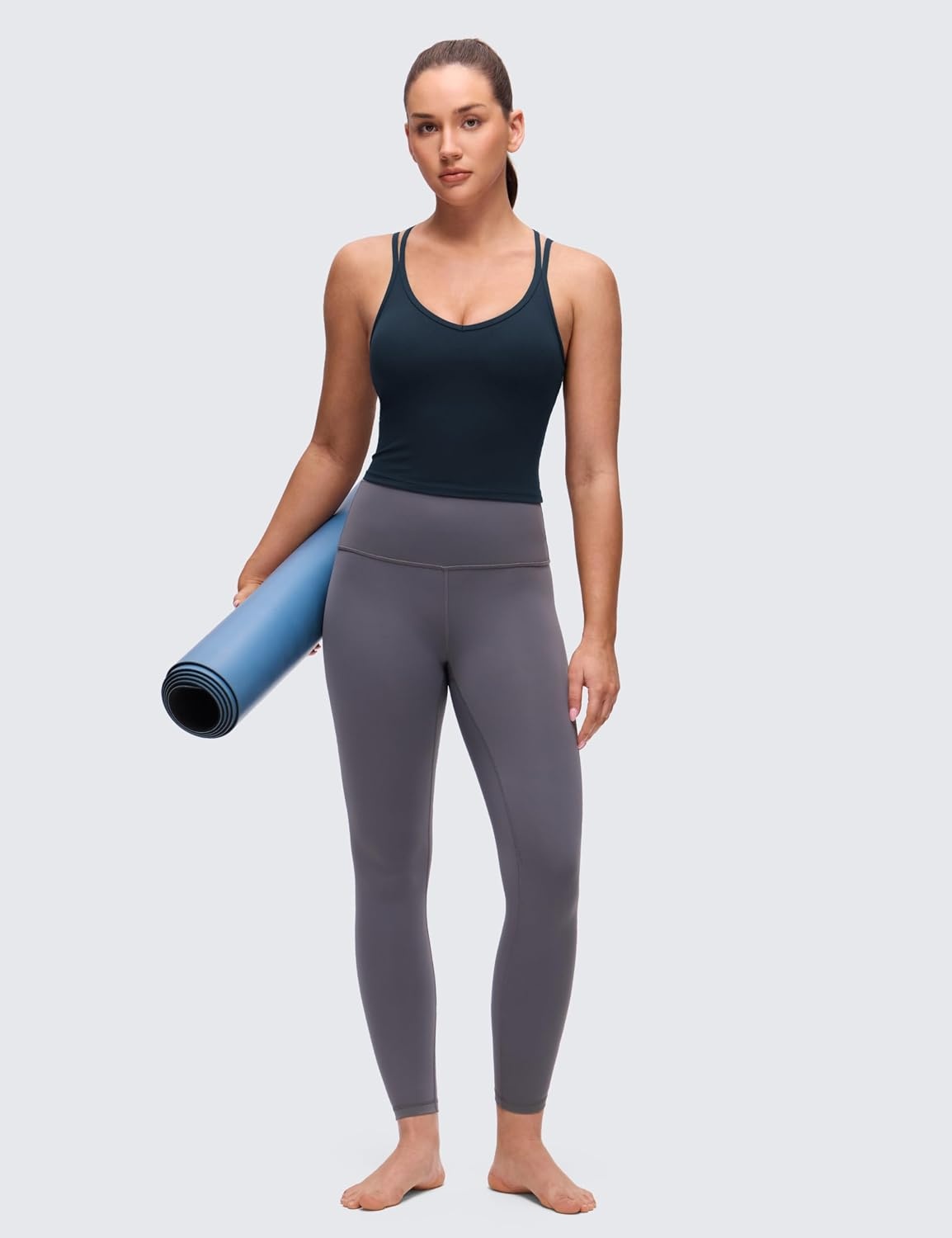 image:imageCRZ YOGA Butterluxe Cross Back Crop Tank Tops for Women V Neck Padded Spaghetti Straps Yoga Strappy Longline Sports BrasTrue Navy