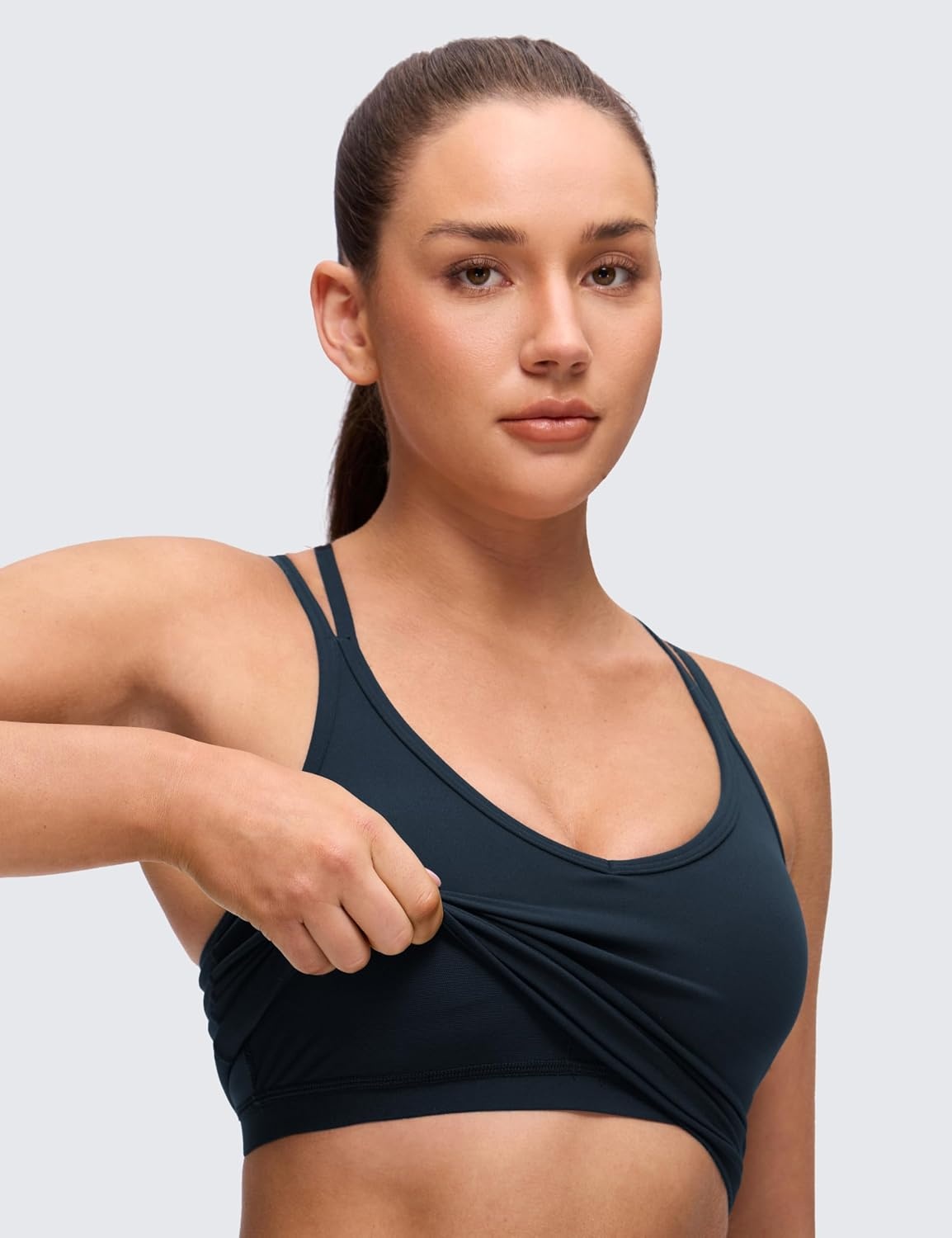 image:imageCRZ YOGA Butterluxe Cross Back Crop Tank Tops for Women V Neck Padded Spaghetti Straps Yoga Strappy Longline Sports BrasTrue Navy