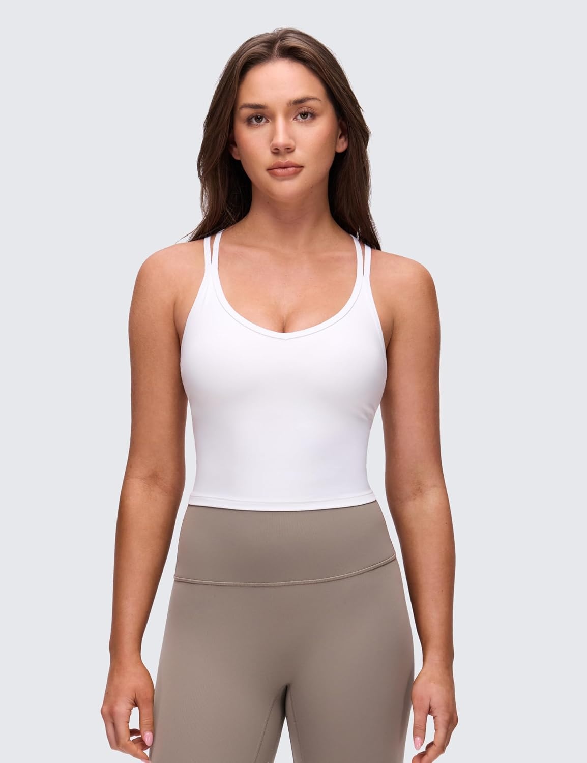 image:imageCRZ YOGA Butterluxe Cross Back Crop Tank Tops for Women V Neck Padded Spaghetti Straps Yoga Strappy Longline Sports BrasWhite