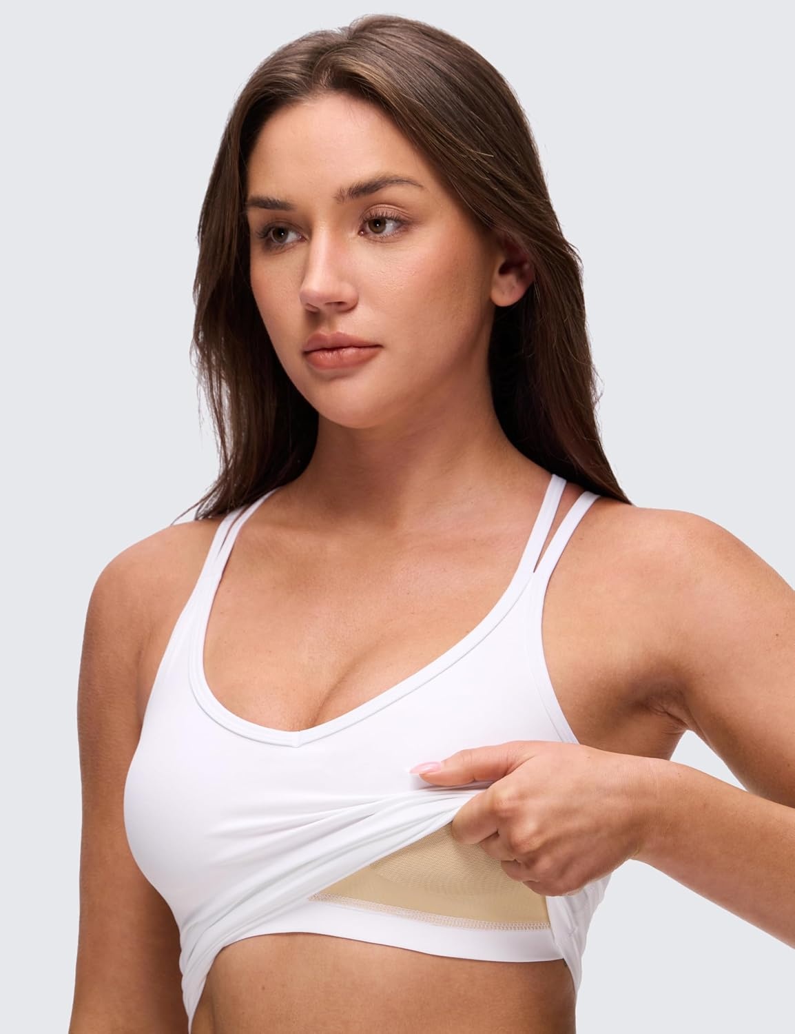 image:imageCRZ YOGA Butterluxe Cross Back Crop Tank Tops for Women V Neck Padded Spaghetti Straps Yoga Strappy Longline Sports BrasWhite