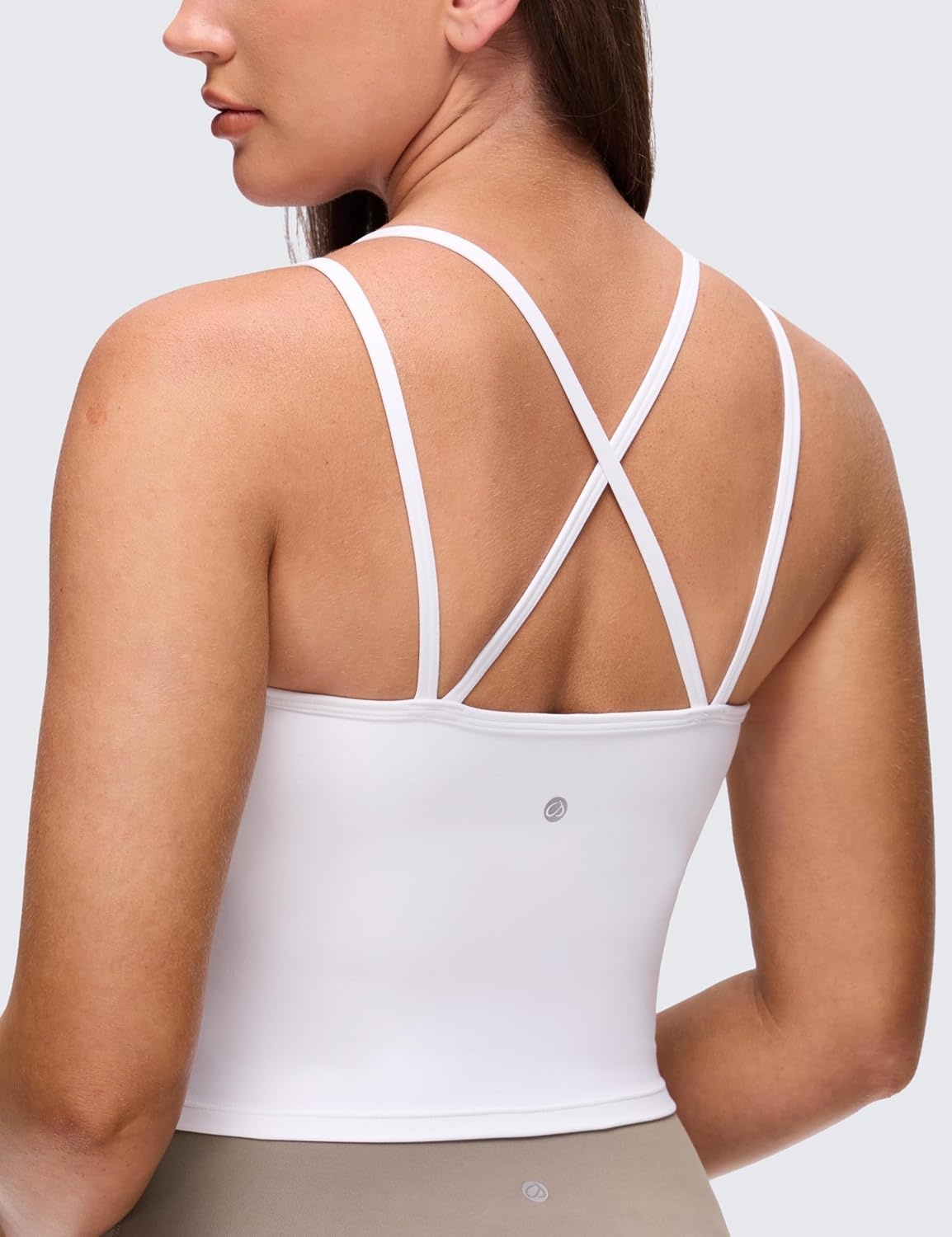 image:imageCRZ YOGA Butterluxe Cross Back Crop Tank Tops for Women V Neck Padded Spaghetti Straps Yoga Strappy Longline Sports BrasWhite
