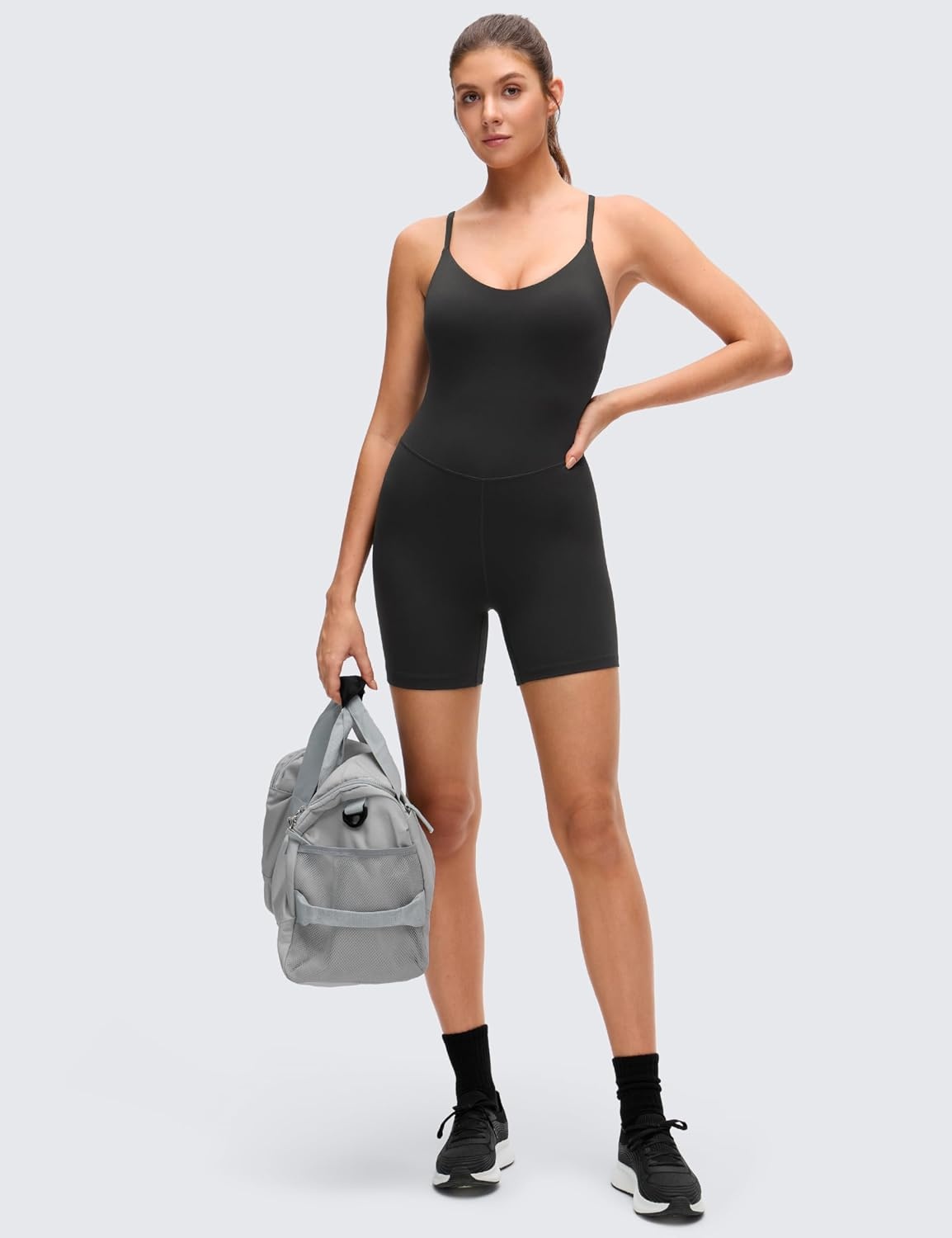 image:imageCRZ YOGA Butterluxe Cross Back Yoga Rompers for Women Bodycon Athletic One Piece Jumpsuit Bodysuit Shorts with Builtin BraBlack