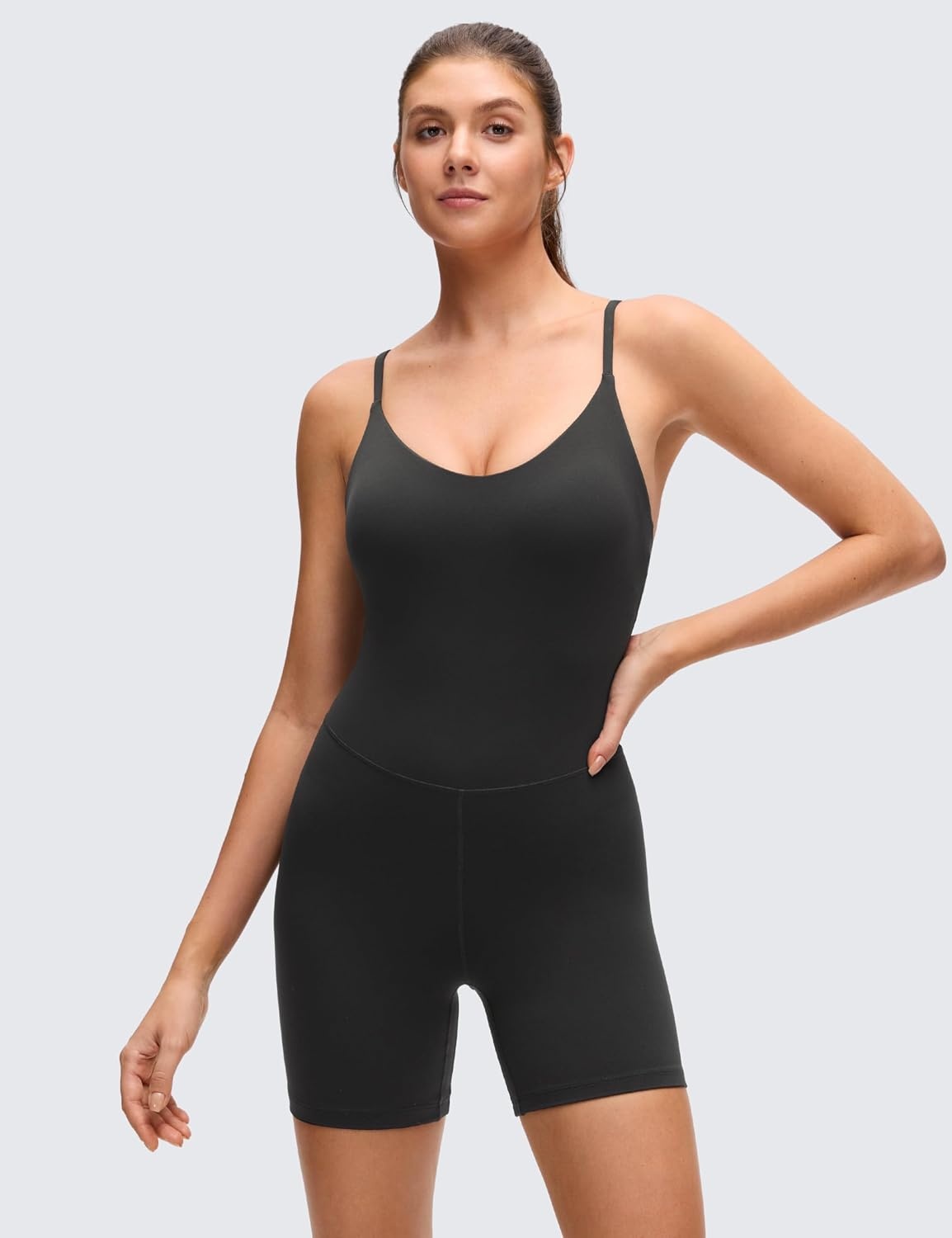 image:imageCRZ YOGA Butterluxe Cross Back Yoga Rompers for Women Bodycon Athletic One Piece Jumpsuit Bodysuit Shorts with Builtin BraBlack