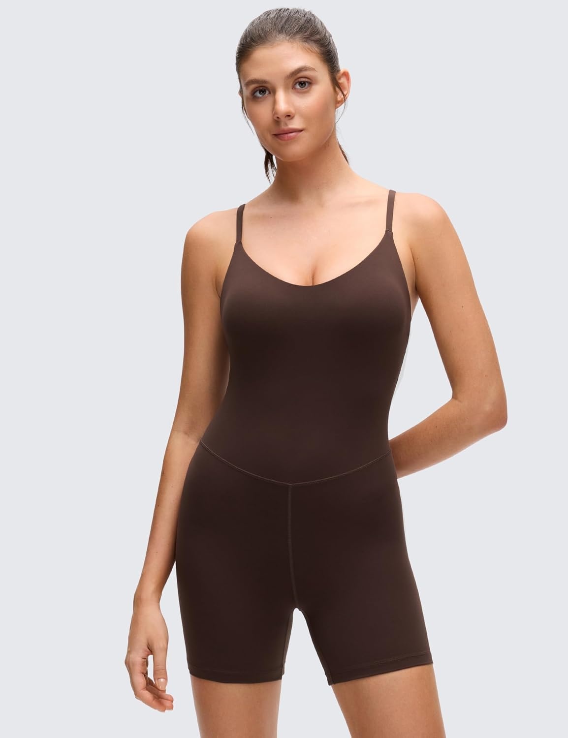 image:imageCRZ YOGA Butterluxe Cross Back Yoga Rompers for Women Bodycon Athletic One Piece Jumpsuit Bodysuit Shorts with Builtin BraHot Fudge Brown