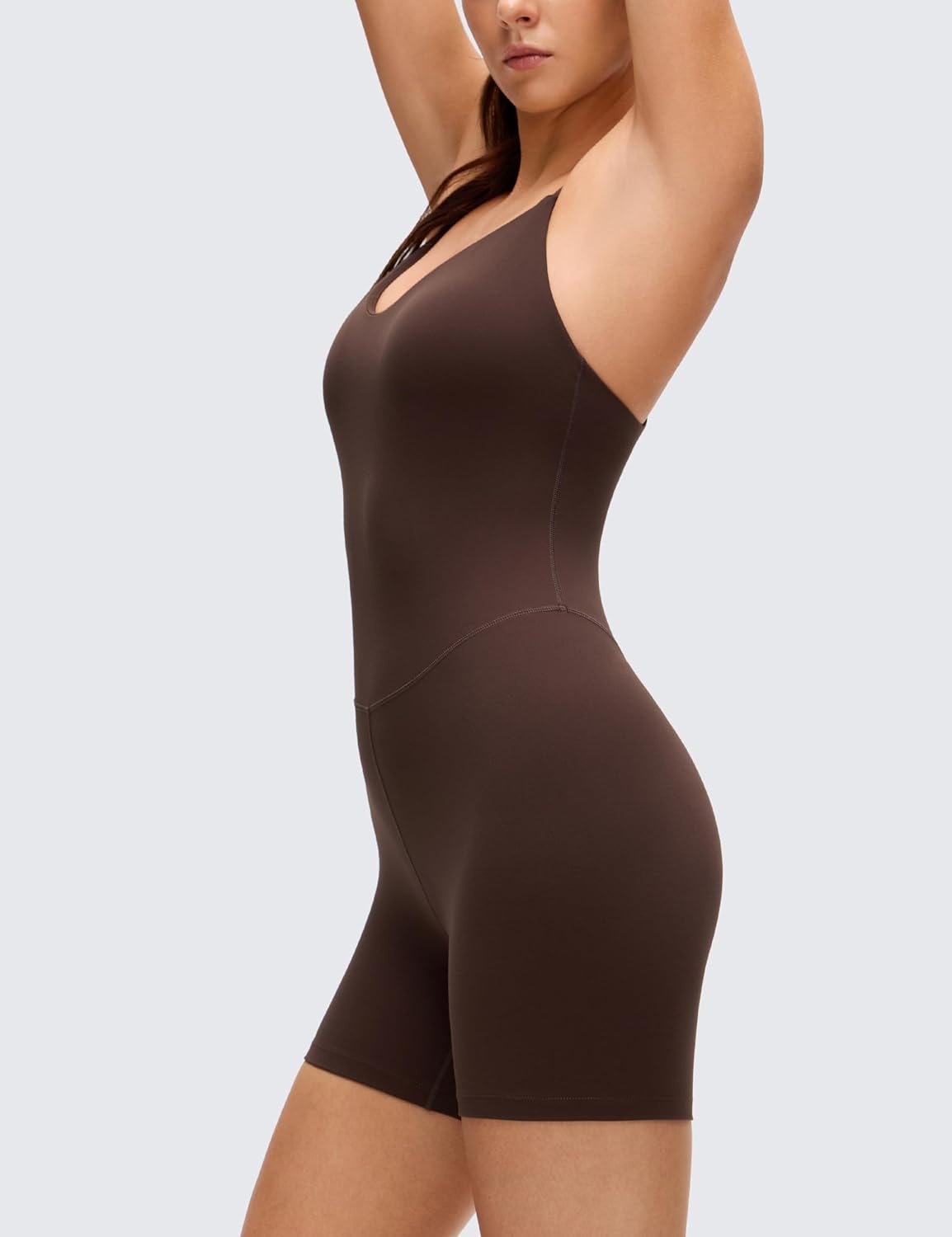 image:imageCRZ YOGA Butterluxe Cross Back Yoga Rompers for Women Bodycon Athletic One Piece Jumpsuit Bodysuit Shorts with Builtin BraHot Fudge Brown