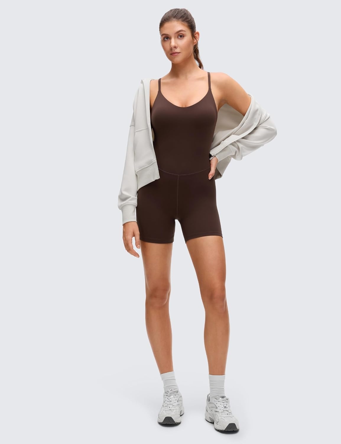 image:imageCRZ YOGA Butterluxe Cross Back Yoga Rompers for Women Bodycon Athletic One Piece Jumpsuit Bodysuit Shorts with Builtin BraHot Fudge Brown