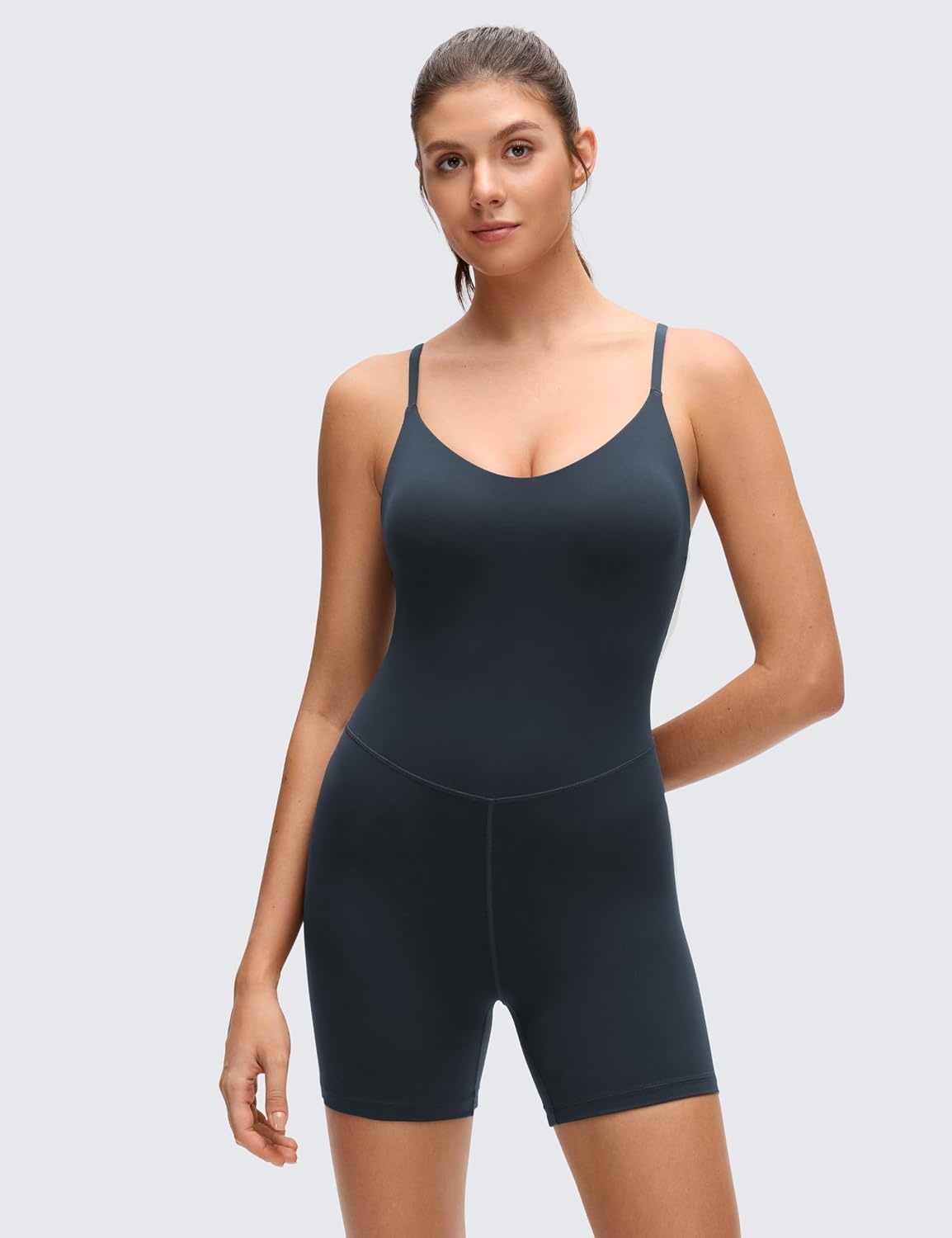 image:imageCRZ YOGA Butterluxe Cross Back Yoga Rompers for Women Bodycon Athletic One Piece Jumpsuit Bodysuit Shorts with Builtin BraTrue Navy