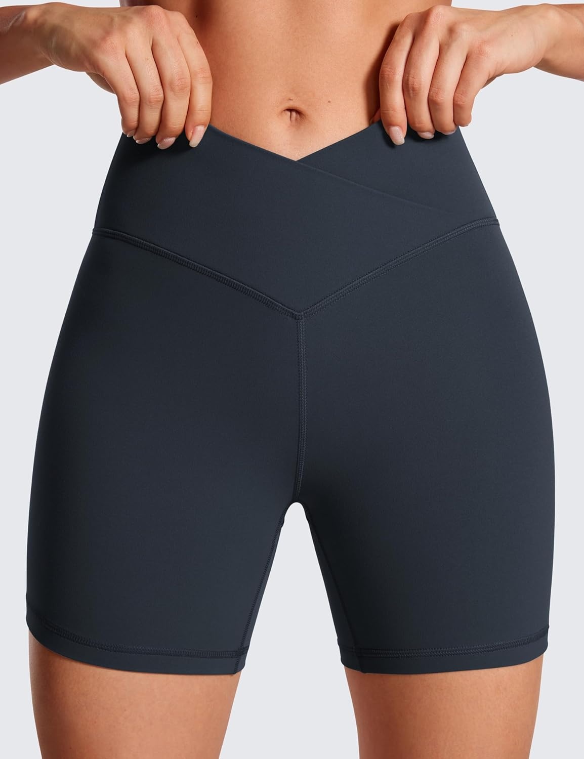 image:imageCRZ YOGA Butterluxe Crossover Biker Shorts 5 Criss Cross High Waisted Workout Yoga Buttery Soft WomensTrue Navy