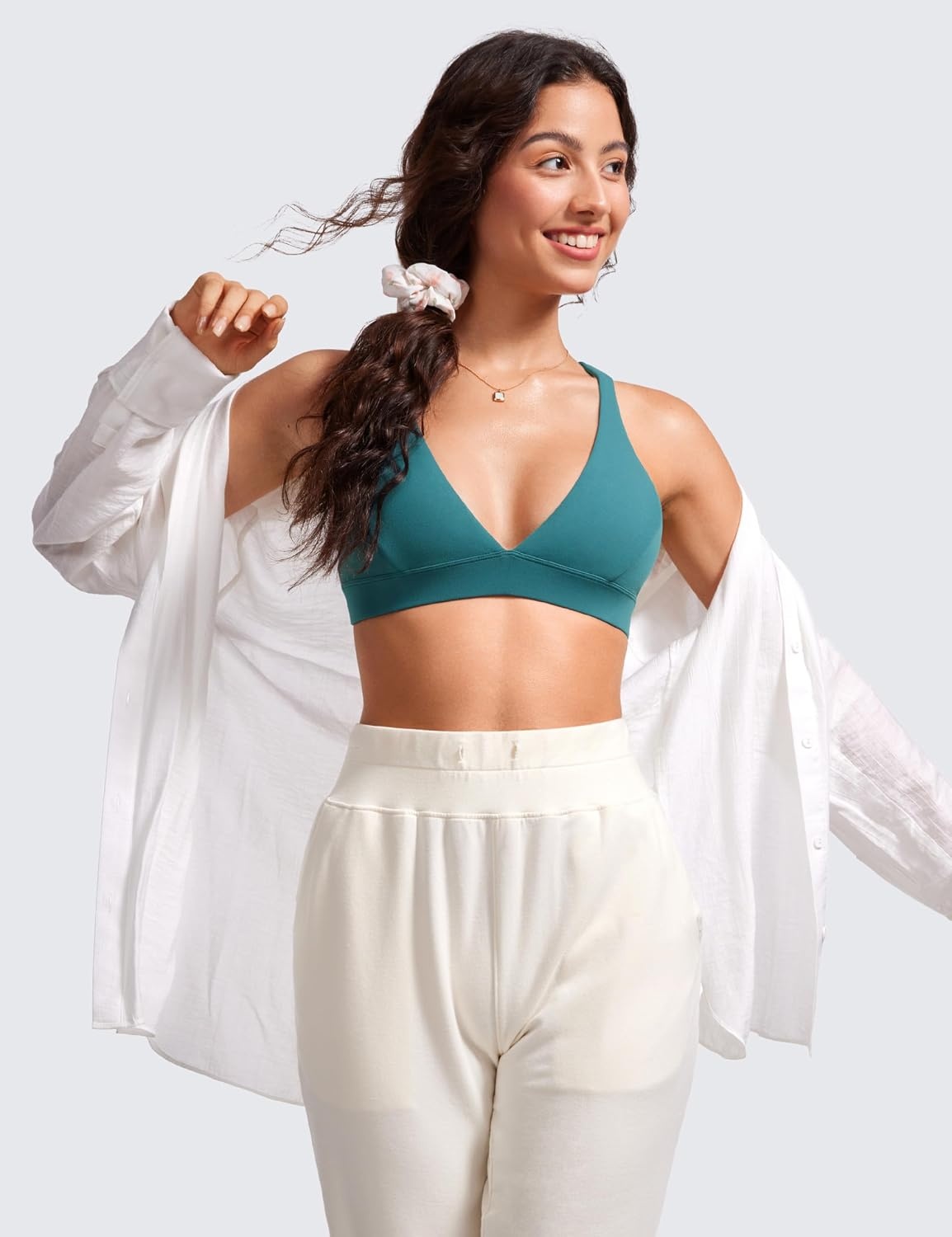 image:imageCRZ YOGA Butterluxe Deep VNeck Sports Bras for Women Spaghetti Strap Criss Cross Padded Top Low Coverage Wireless YogaGreen Jade
