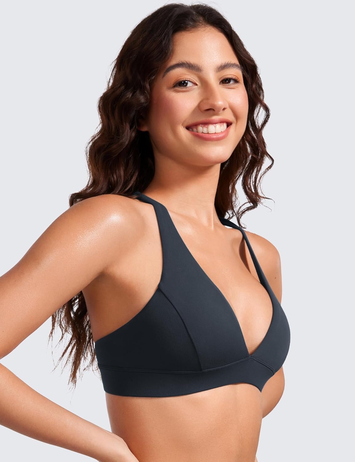 image:imageCRZ YOGA Butterluxe Deep VNeck Sports Bras for Women Spaghetti Strap Criss Cross Padded Top Low Coverage Wireless YogaTrue Navy