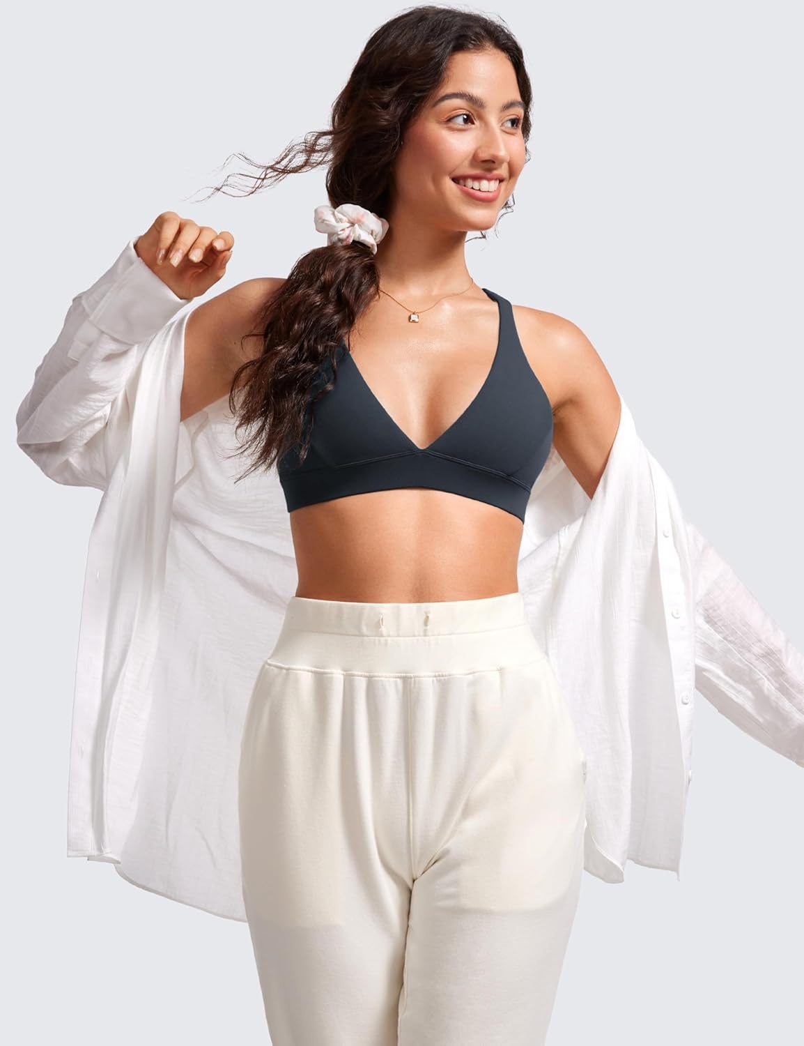 image:imageCRZ YOGA Butterluxe Deep VNeck Sports Bras for Women Spaghetti Strap Criss Cross Padded Top Low Coverage Wireless YogaTrue Navy