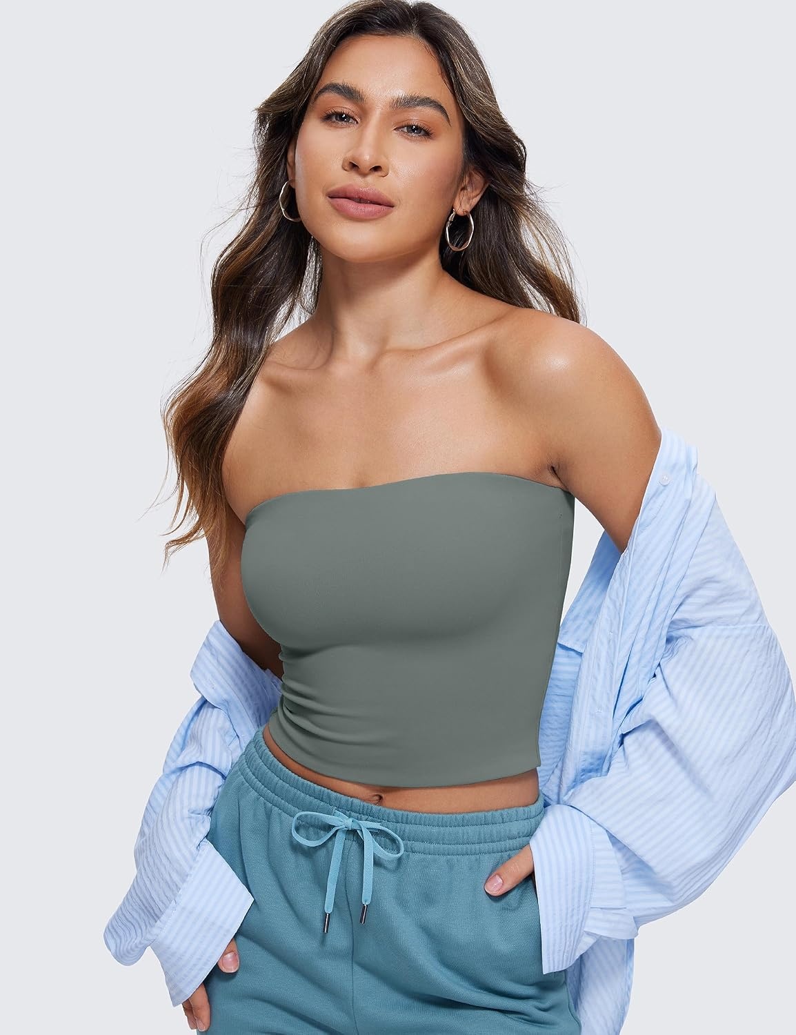 image:imageCRZ YOGA Butterluxe Double Lined Tube Tops for Women Going Out Casual Tank Bandeau Crop Strapless ShirtsGrey Sage
