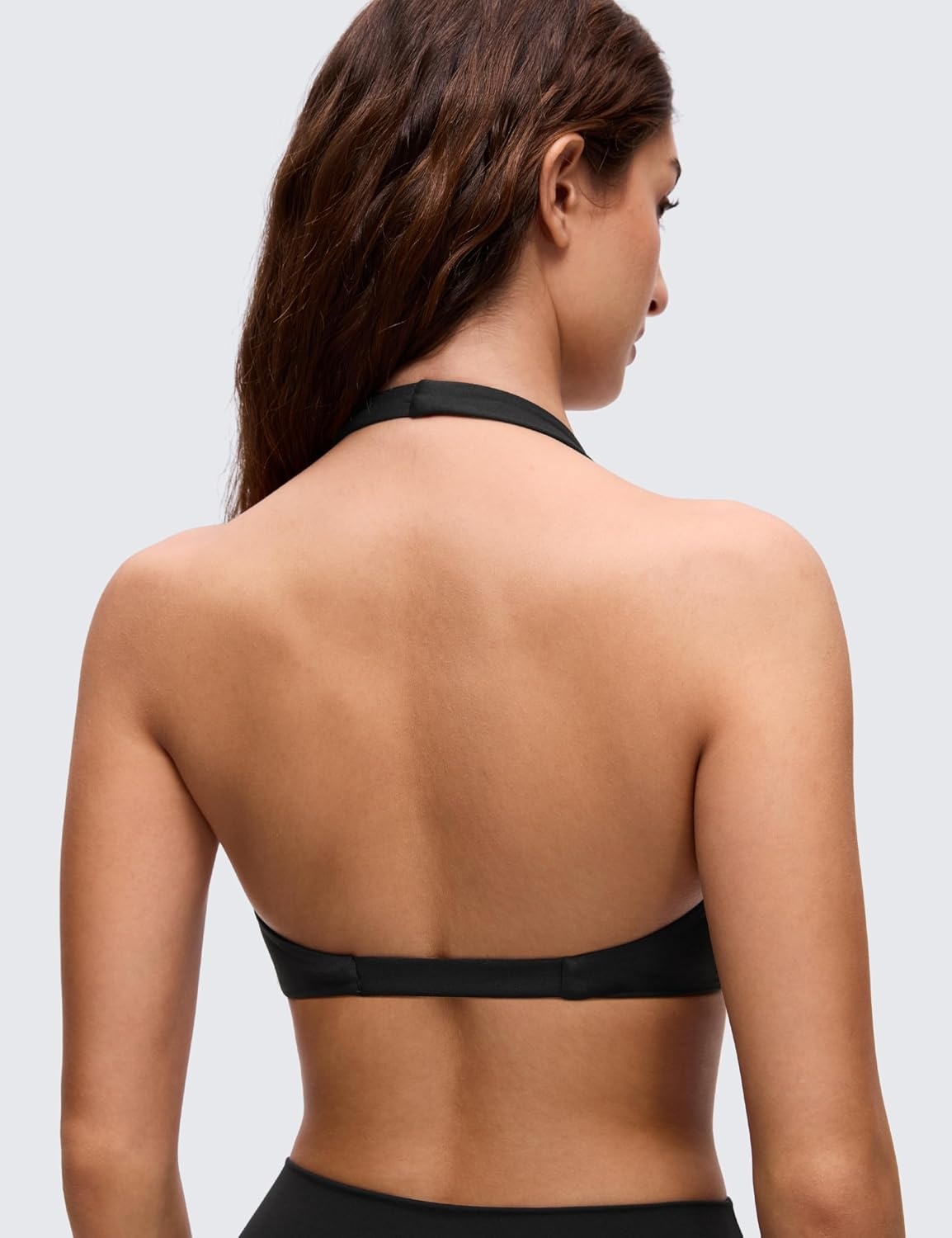 image:imageCRZ YOGA Butterluxe Double Lined Twist Halter Sports Bras for Women Deep V Neck Crop Top Casual Open Back Non PaddedBlack