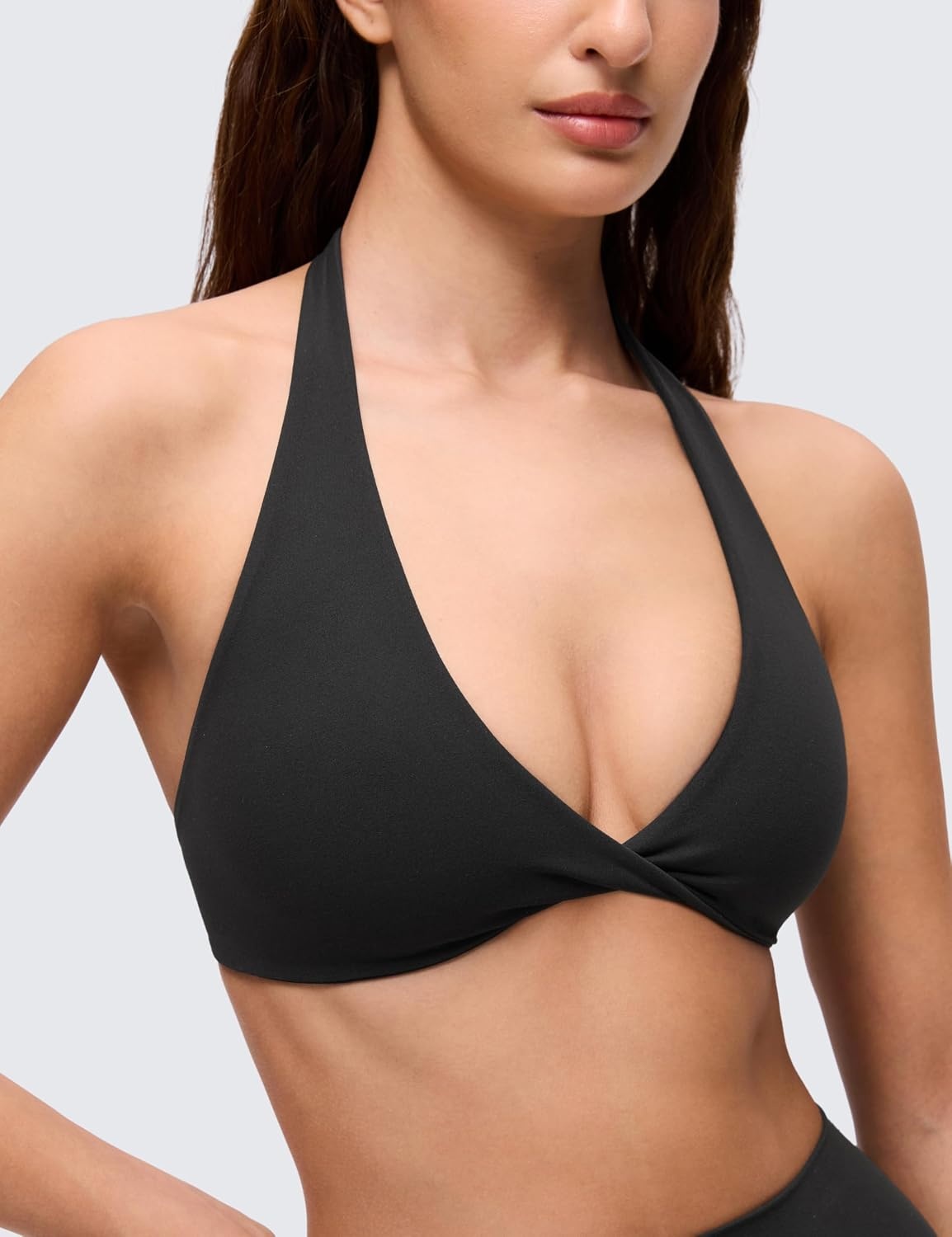 image:imageCRZ YOGA Butterluxe Double Lined Twist Halter Sports Bras for Women Deep V Neck Crop Top Casual Open Back Non PaddedBlack