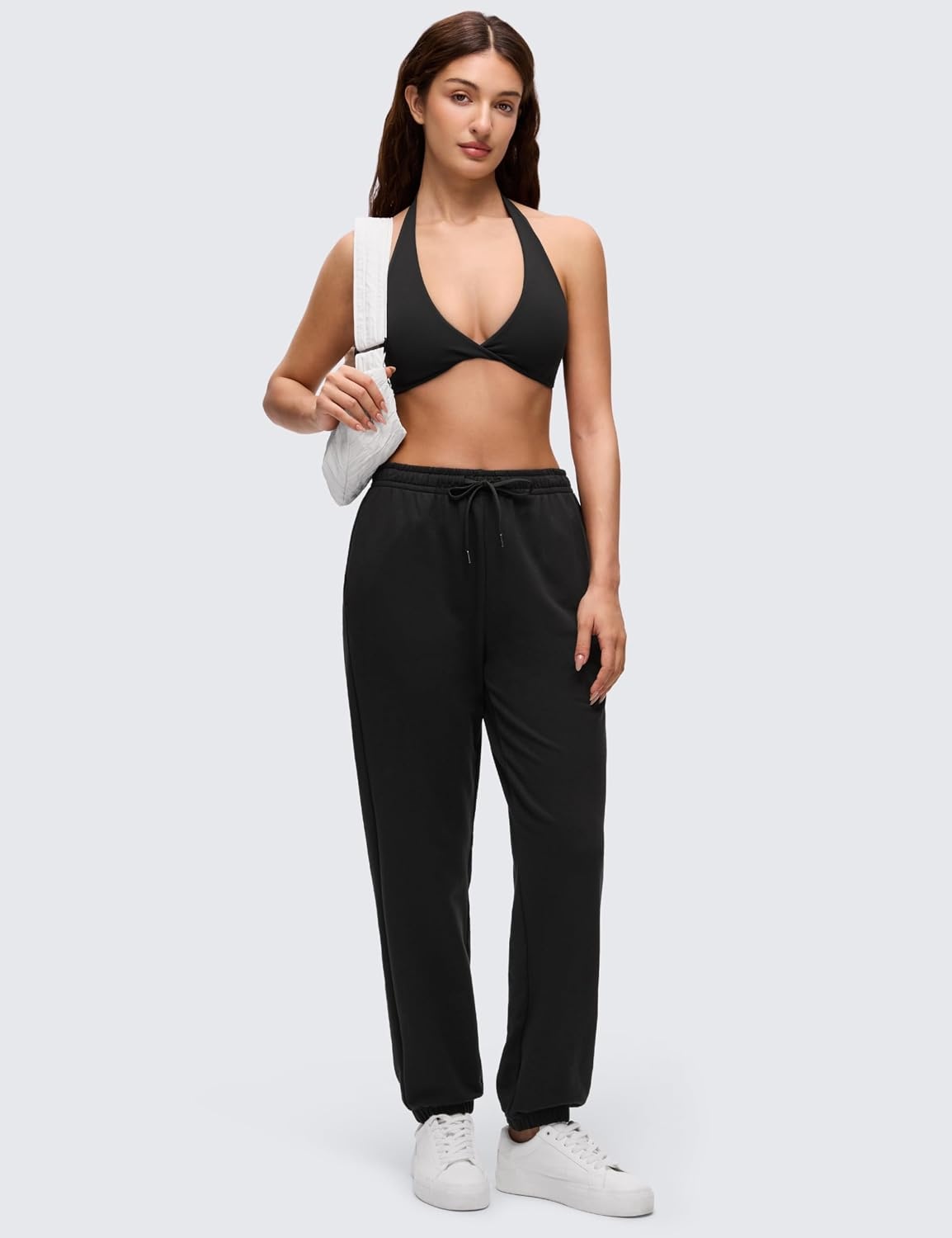 image:imageCRZ YOGA Butterluxe Double Lined Twist Halter Sports Bras for Women Deep V Neck Crop Top Casual Open Back Non PaddedBlack