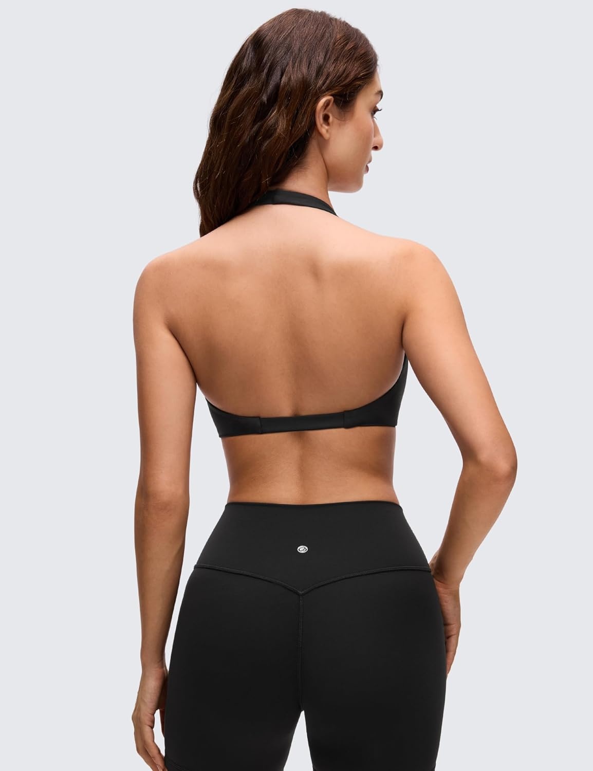 image:imageCRZ YOGA Butterluxe Double Lined Twist Halter Sports Bras for Women Deep V Neck Crop Top Casual Open Back Non PaddedBlack